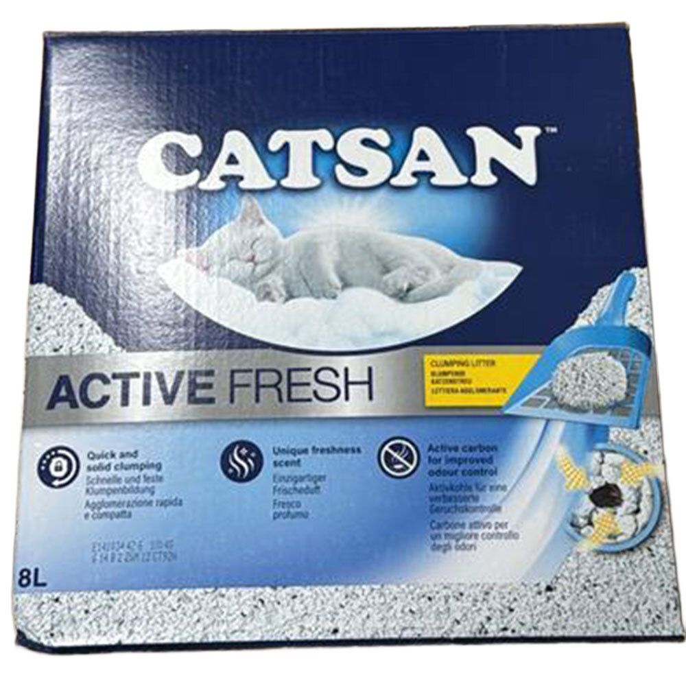 CATSAN Active Fresh Klumpstreu-Verpackung mit Katze auf Kissen-Illustration und Streuschaufel.