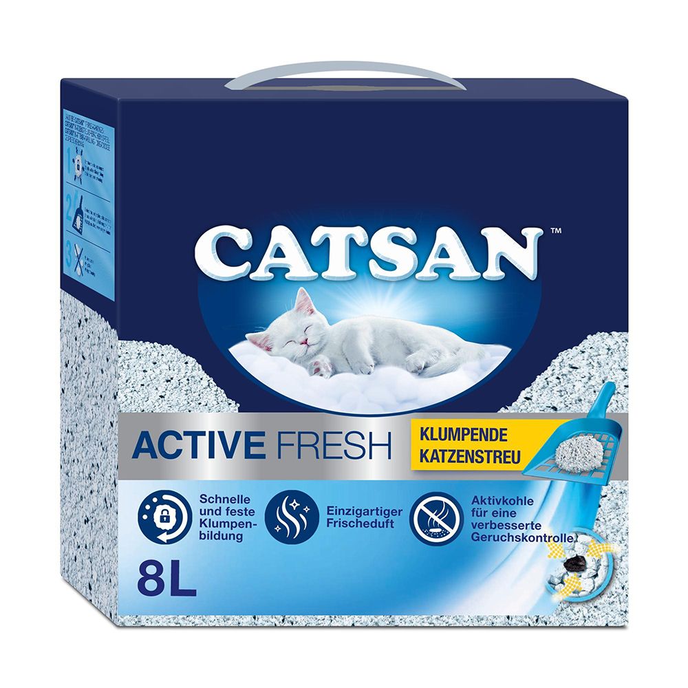 CATSAN Active Fresh Klumpstreu-Verpackung mit Katze auf Kissen-Illustration und Streuschaufel.