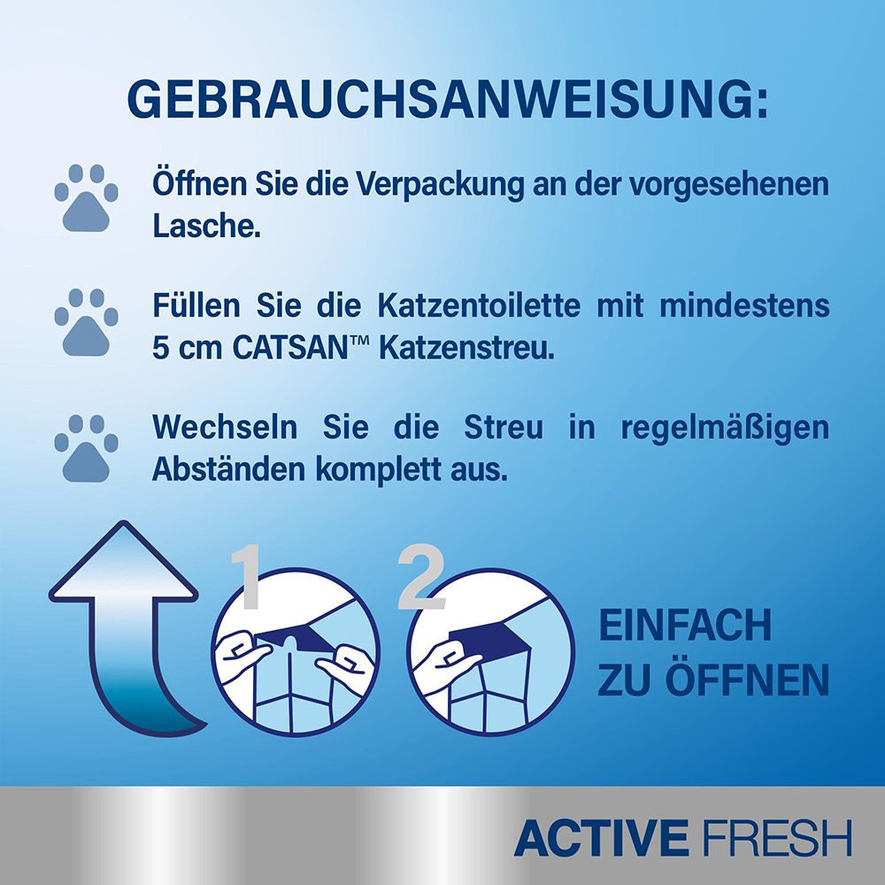Gebrauchsanweisung für CATSAN: Öffnen, Füllen der Katzentoilette, Wechseln der Streu.