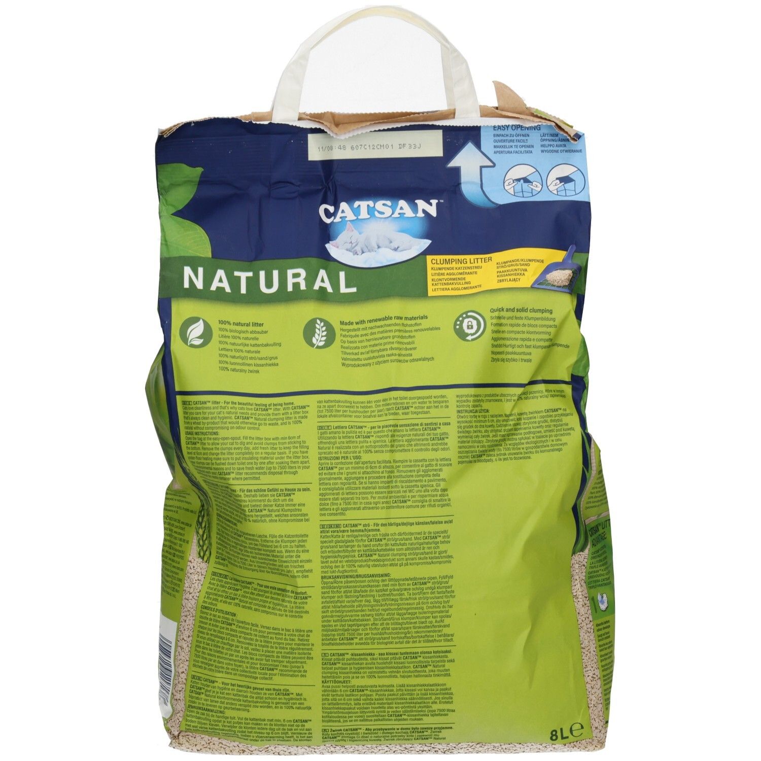 Rückseite der CATSAN NATURAL Katzenstreu-Verpackung mit detaillierten Informationen.