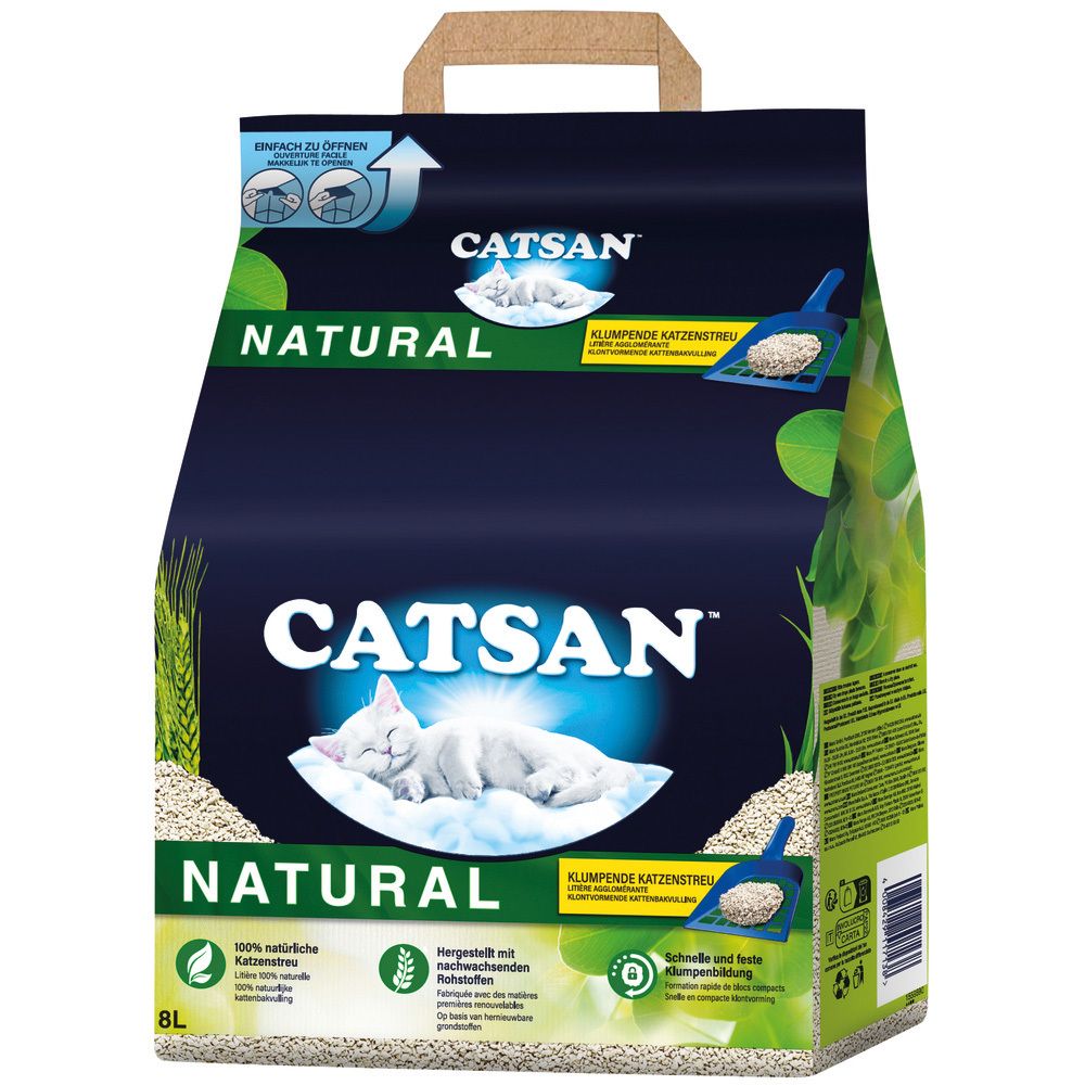 CATSAN NATURAL Klumpende Katzenstreu 8L. 100% natürlich, biologisch abbaubar, hergestellt mit nachwachsenden Rohstoffen.
