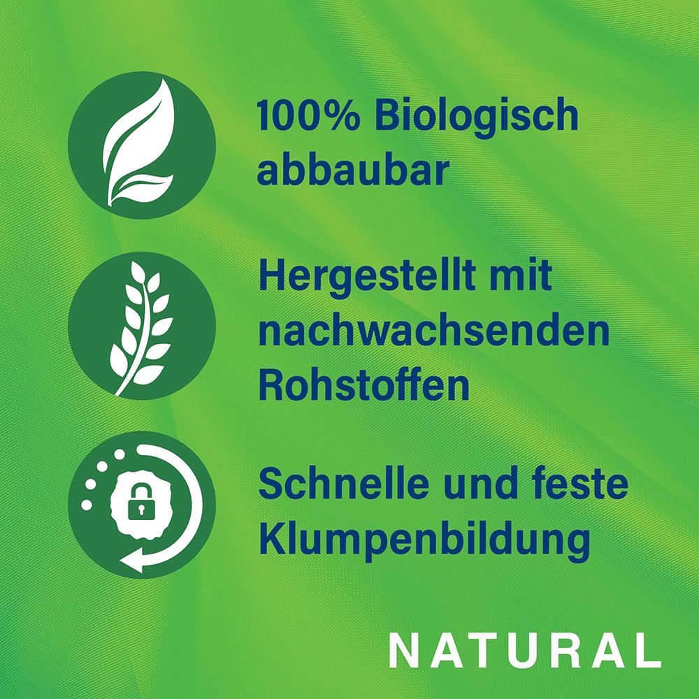 CATSAN NATURAL: 100% biologisch abbaubar, hergestellt mit nachwachsenden Rohstoffen, schnelle und feste Klumpenbildung.