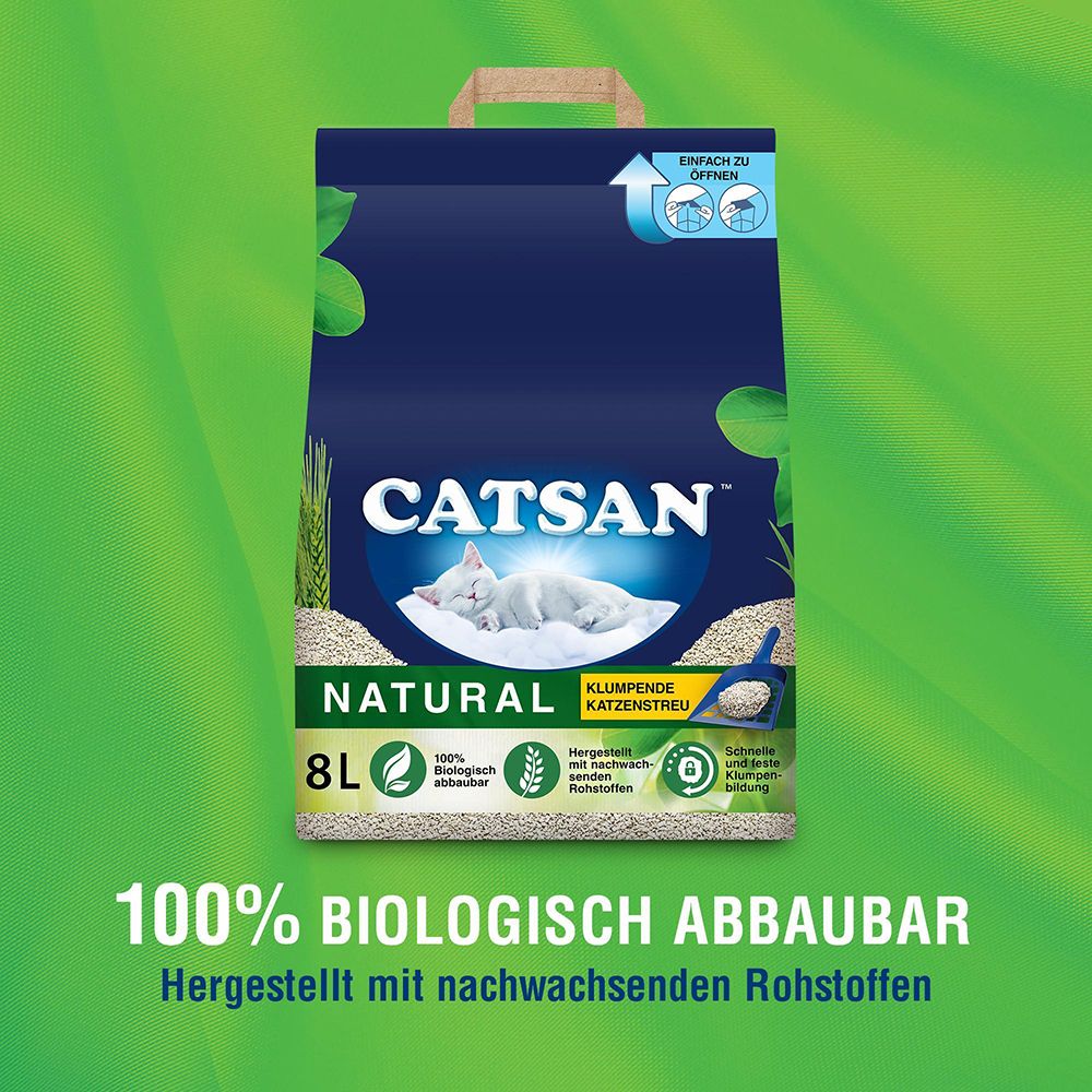 CATSAN NATURAL Klumpende Katzenstreu 8L. 100% natürlich, biologisch abbaubar, hergestellt mit nachwachsenden Rohstoffen.