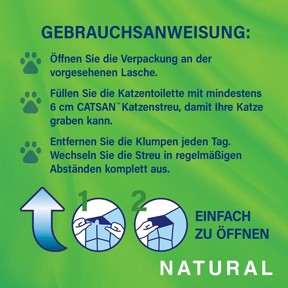 Gebrauchsanweisung CATSAN NATURAL: Öffnen, füllen, Klumpen entfernen. Einfach zu öffnen.
