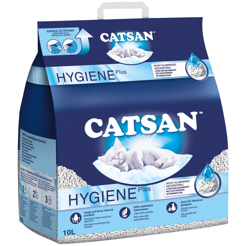 Catsan Hygiene Plus Katzenstreu 10L Beutel mit Abbildung einer schlafenden Katze.