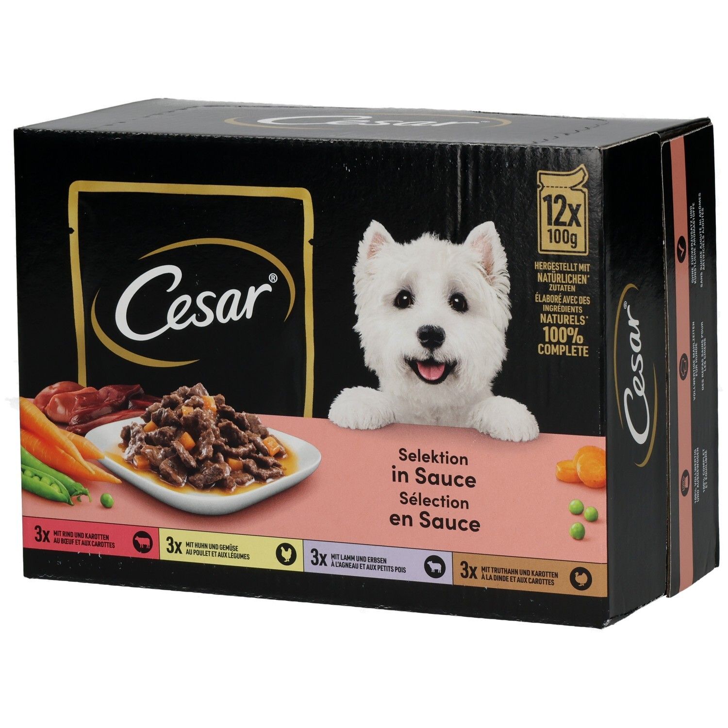 Cesar Selektion in Sauce: 12x100g Beutel Hundefutter mit Rind, Huhn, Lamm und Truthahn.