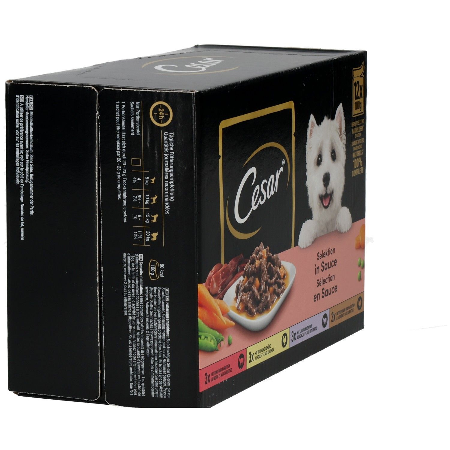 Cesar Selektion in Sauce: 12x100g Beutel Hundefutter mit Rind, Huhn, Lamm und Truthahn.