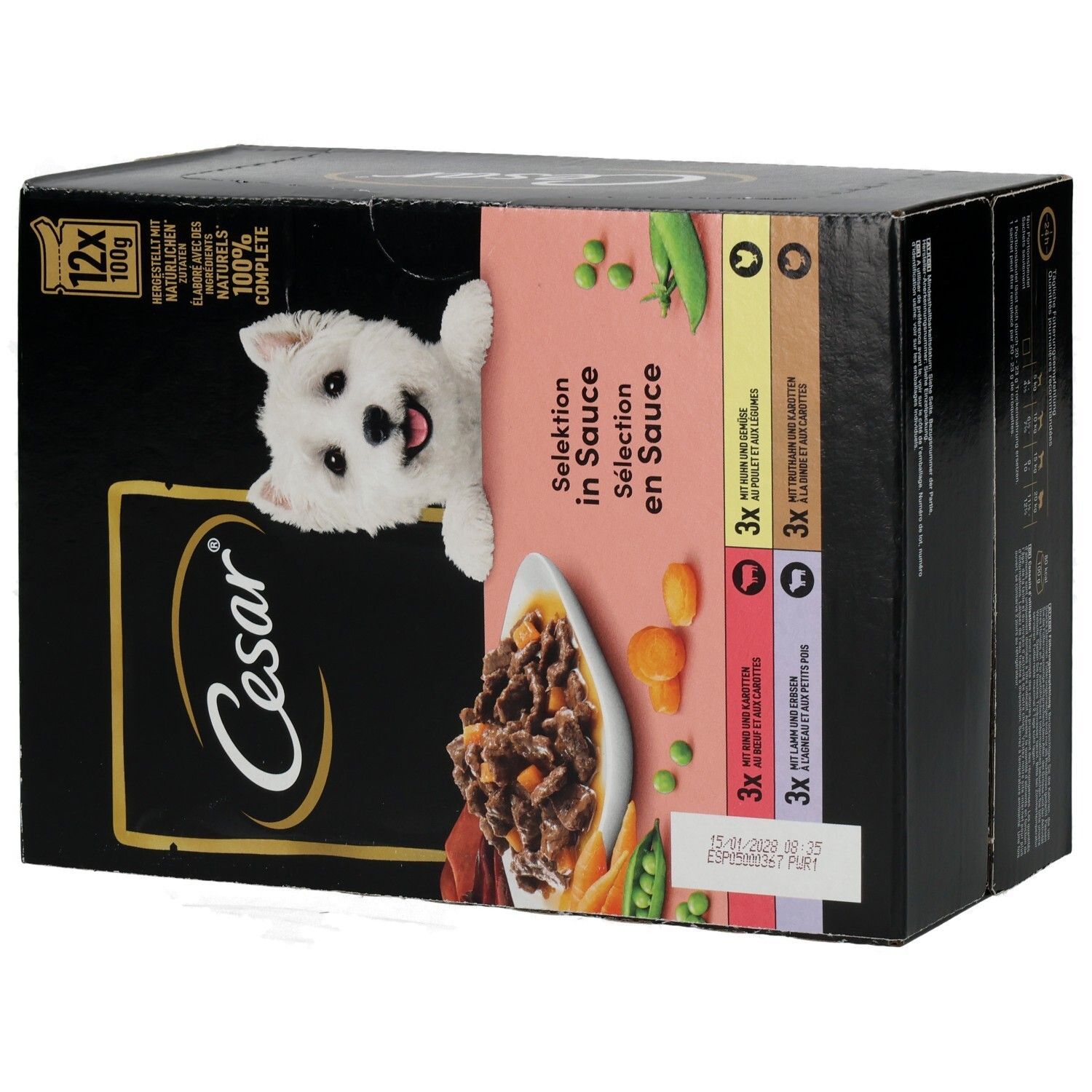 Cesar Selektion in Sauce: 12x100g Beutel Hundefutter mit Rind, Huhn, Lamm und Truthahn.