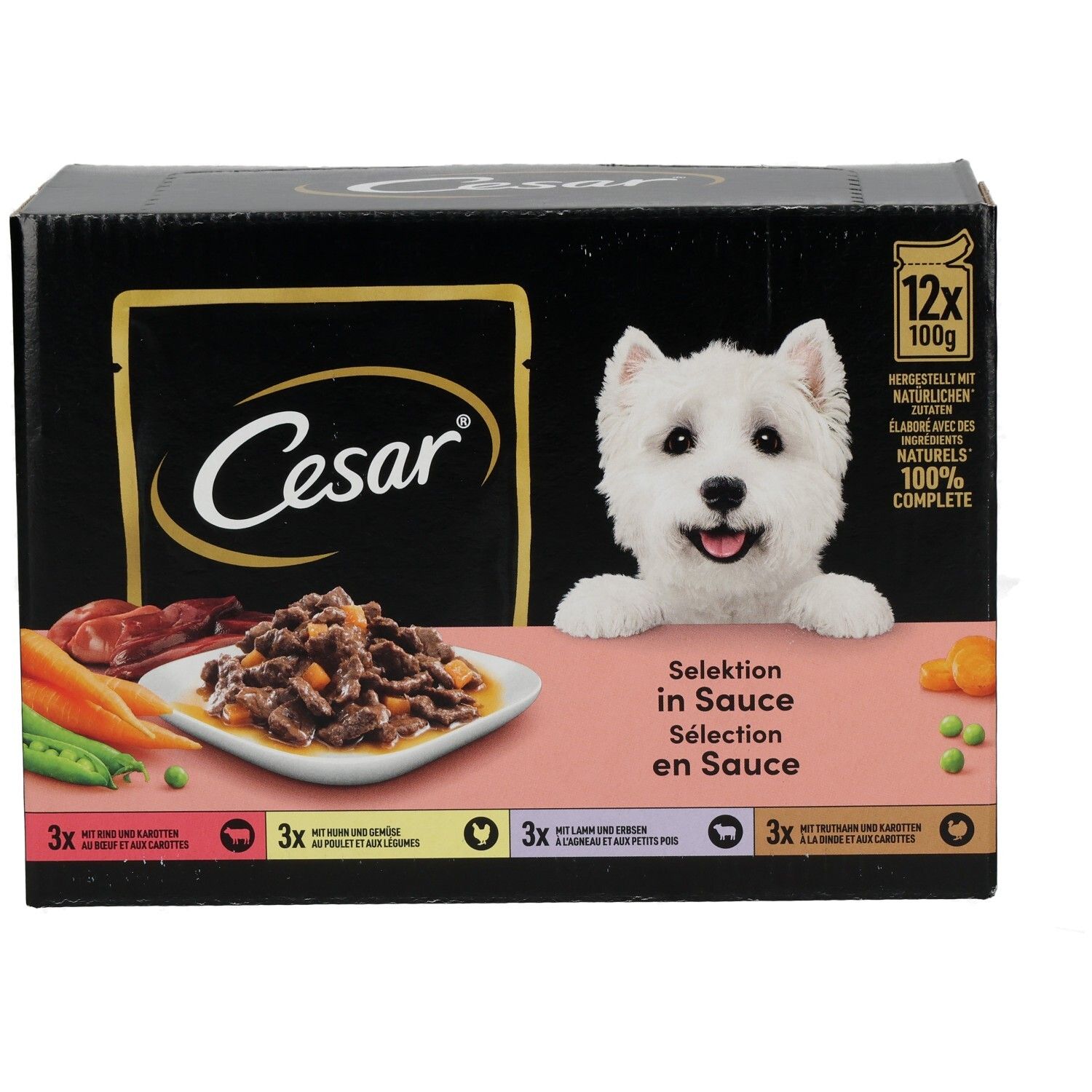Cesar Selektion in Sauce: 12x100g Beutel Hundefutter mit Rind, Huhn, Lamm und Truthahn.