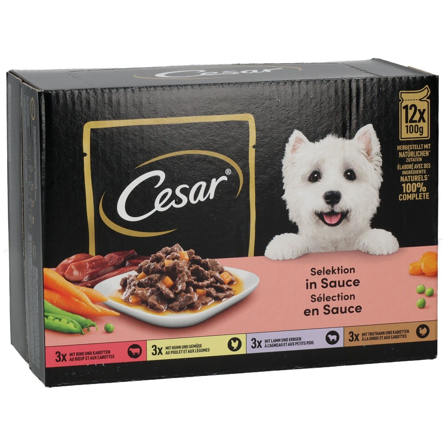 Cesar Selektion in Sauce: 12x100g Beutel Hundefutter mit Rind, Huhn, Lamm und Truthahn.