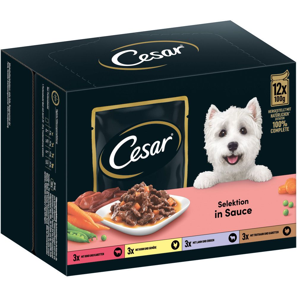Cesar Selektion in Sauce: 12x100g Beutel Hundefutter mit Rind, Huhn, Lamm und Truthahn.
