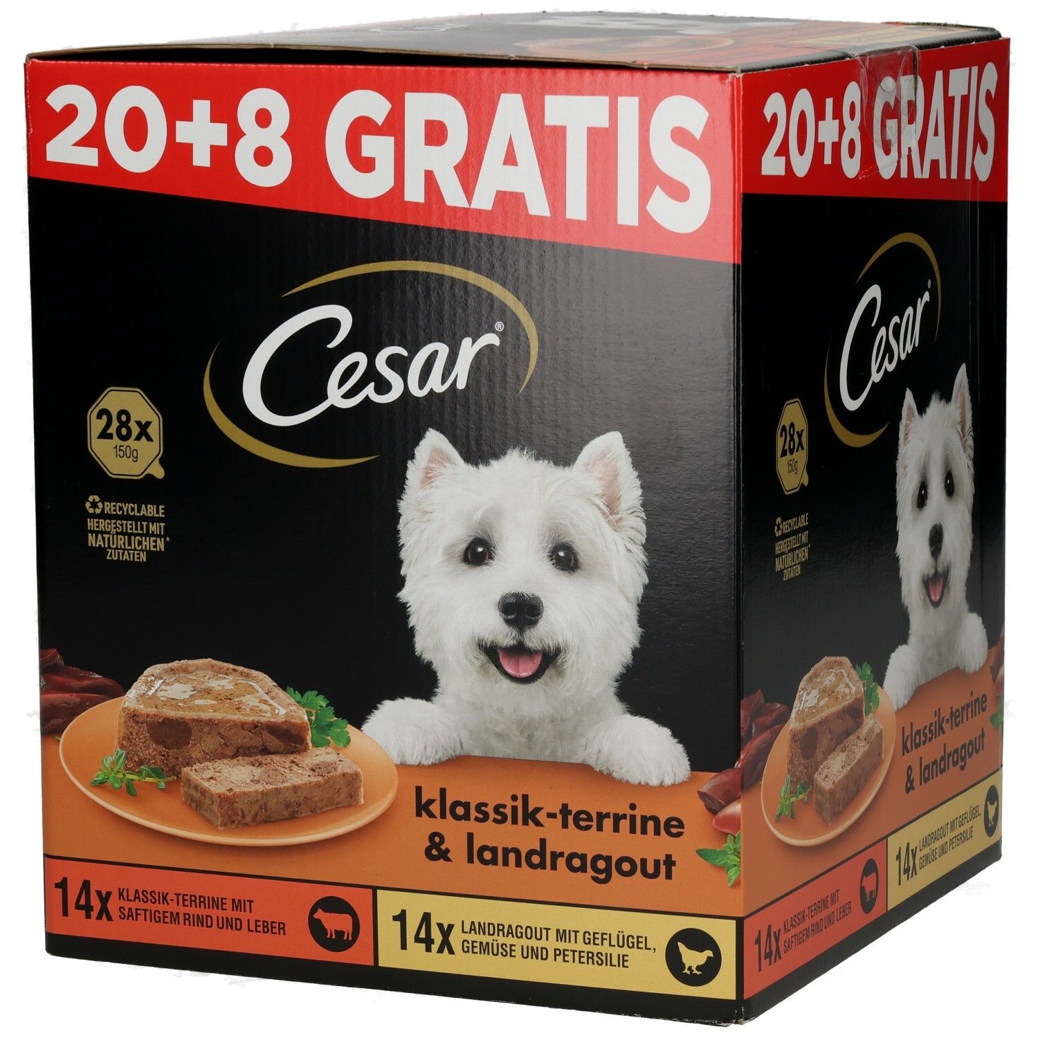 Cesar Schale PLUSPACK 20 + 8 GRATIS Hundefutter-Box mit 2 Sorten, West Highland Terrier Motiv.