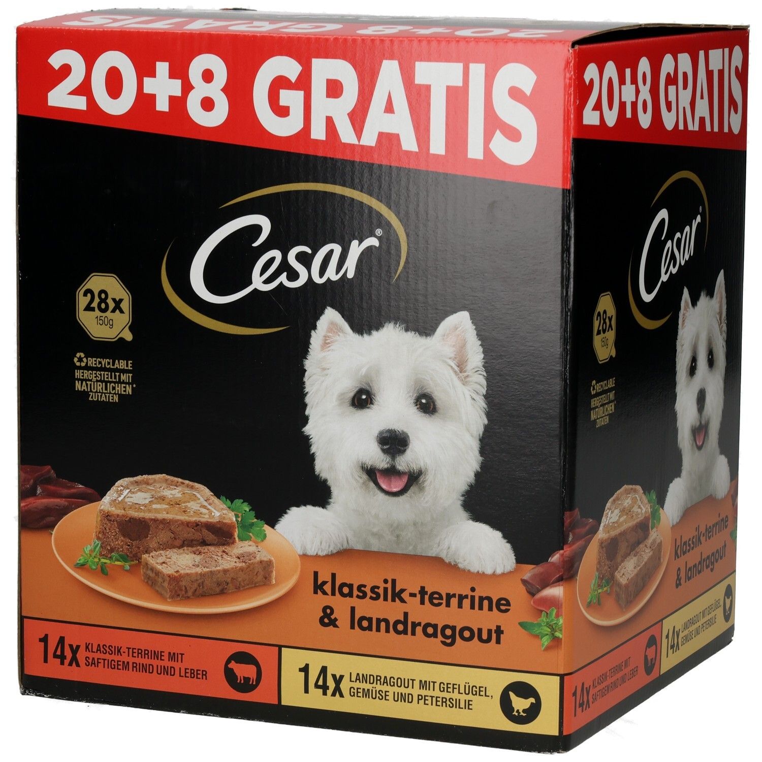 Cesar Schale PLUSPACK 20 + 8 GRATIS Hundefutter-Box mit 2 Sorten, West Highland Terrier Motiv.
