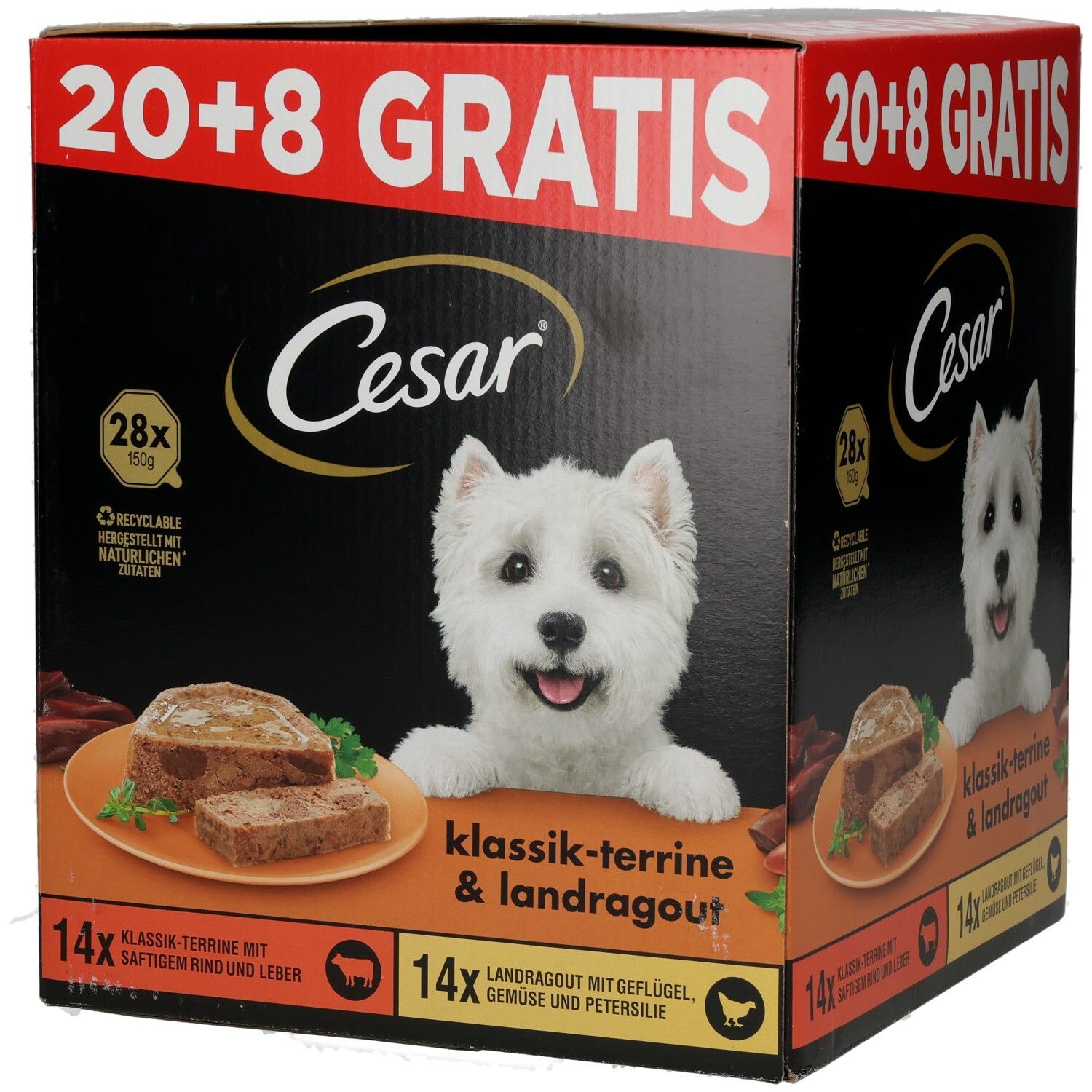 Cesar Schale PLUSPACK 20 + 8 GRATIS Hundefutter-Box mit 2 Sorten, West Highland Terrier Motiv.