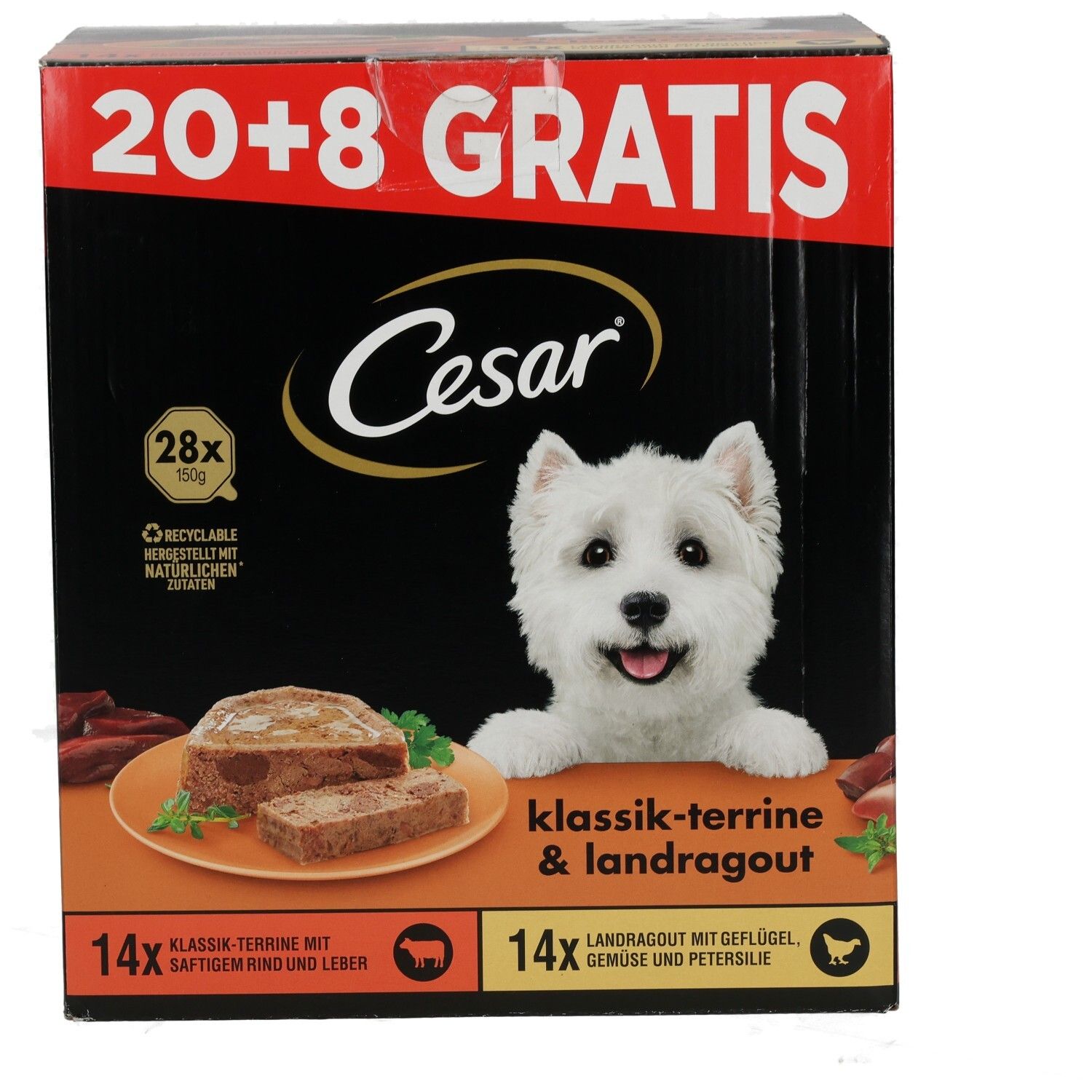 Cesar Schale PLUSPACK 20 + 8 GRATIS Hundefutter-Box mit 2 Sorten, West Highland Terrier Motiv.