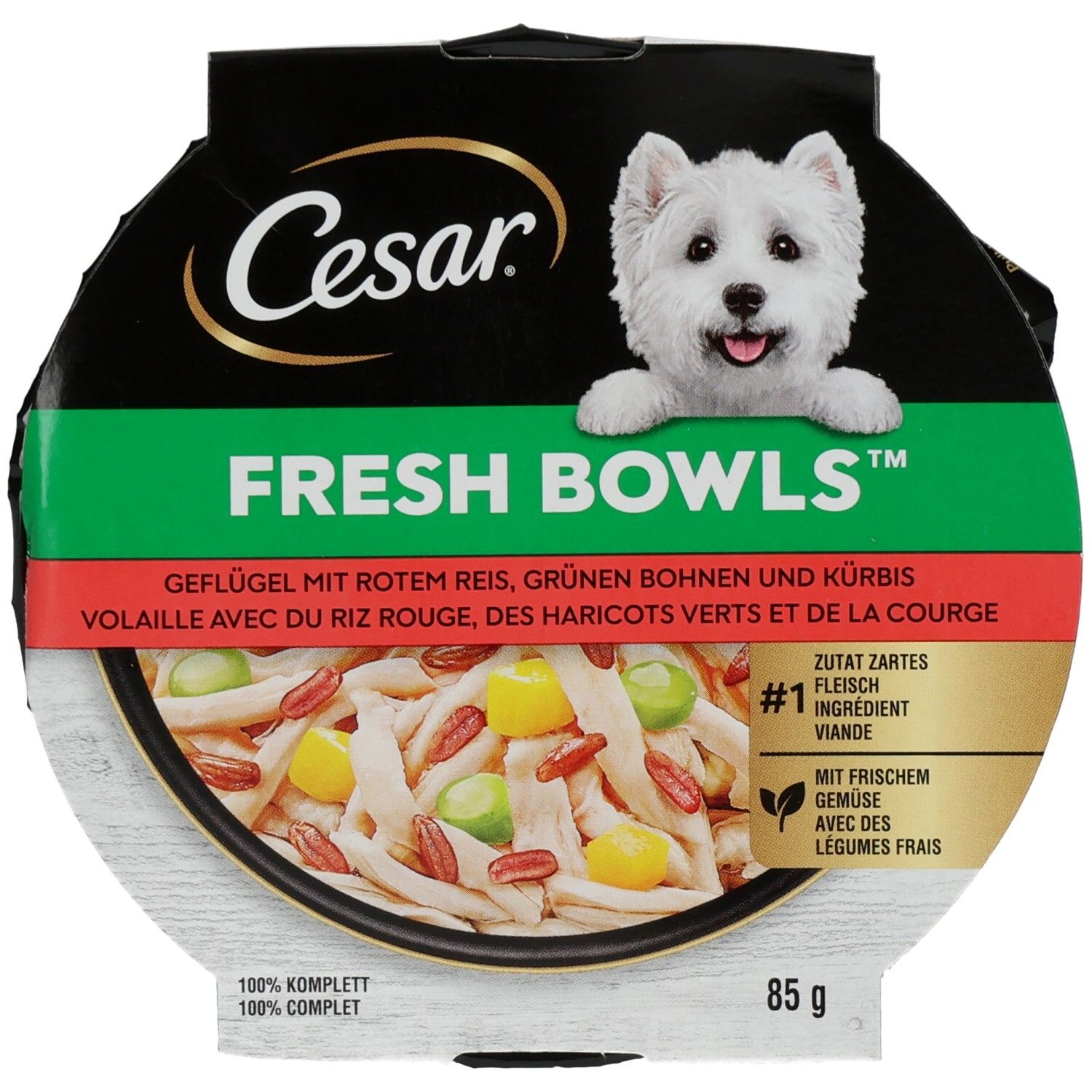 Hundefutter-Schale Cesar Fresh Bowls mit Geflügel, rotem Reis, grünen Bohnen und Kürbis. 85g.