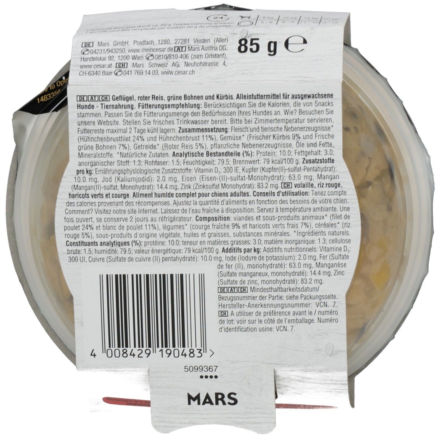 Rückseite einer Cesar Fresh Bowls Hundefutter-Schale mit Nährwertangaben und Zutatenliste. 85g.