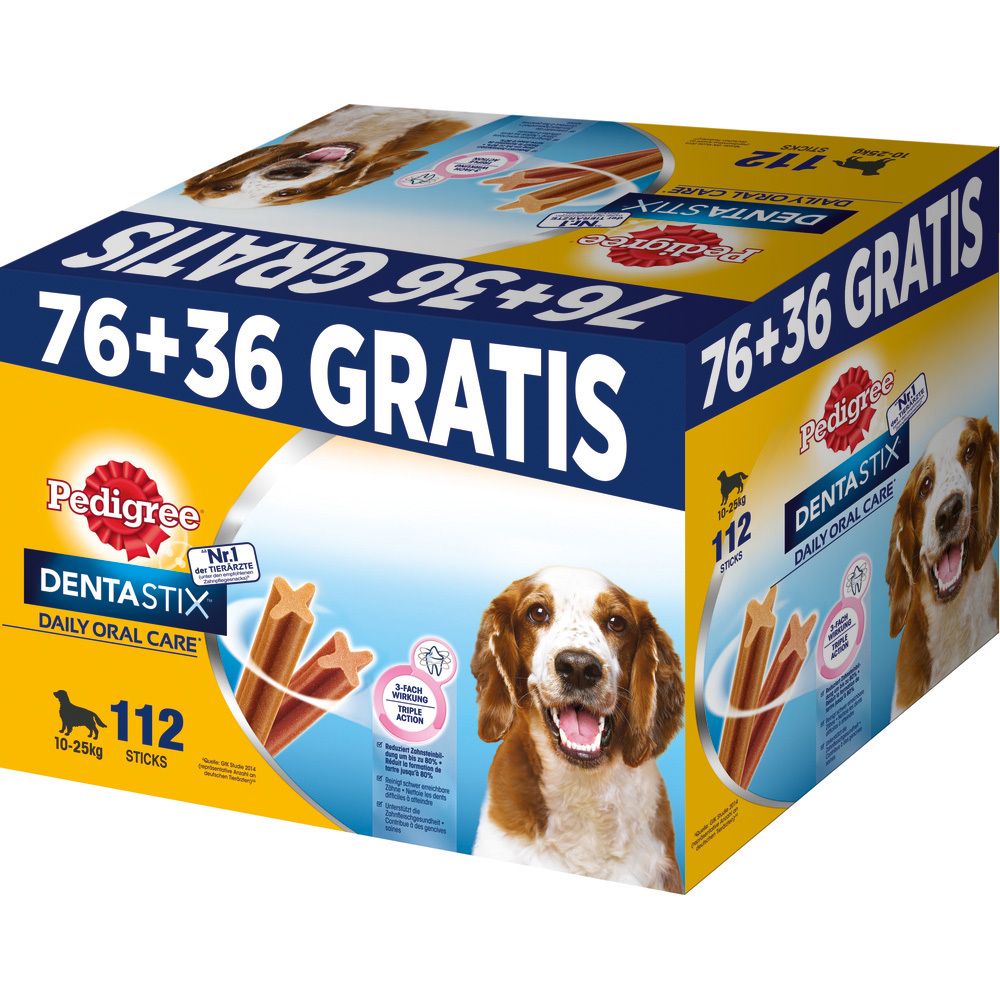 Pedigree Dentastix Multipack: 112 Sticks für Hunde von 10-25kg. 76 + 36 Gratis.