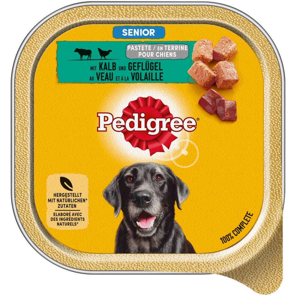 Pedigree Senior Hundenassfutter mit Kalb und Geflügel in Pastete. Gelbe Schale mit Hundegesicht und Produktabbildung.