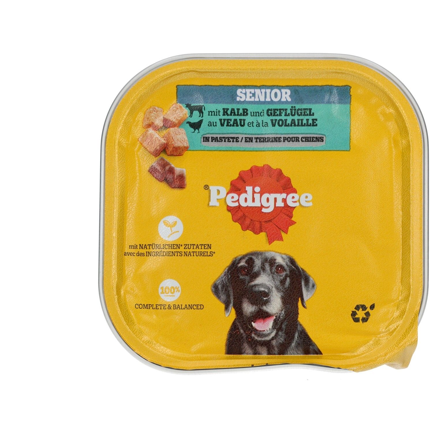 Pedigree Senior Hundenassfutter mit Kalb und Geflügel in Pastete. Gelbe Schale mit Hundegesicht und Produktabbildung.