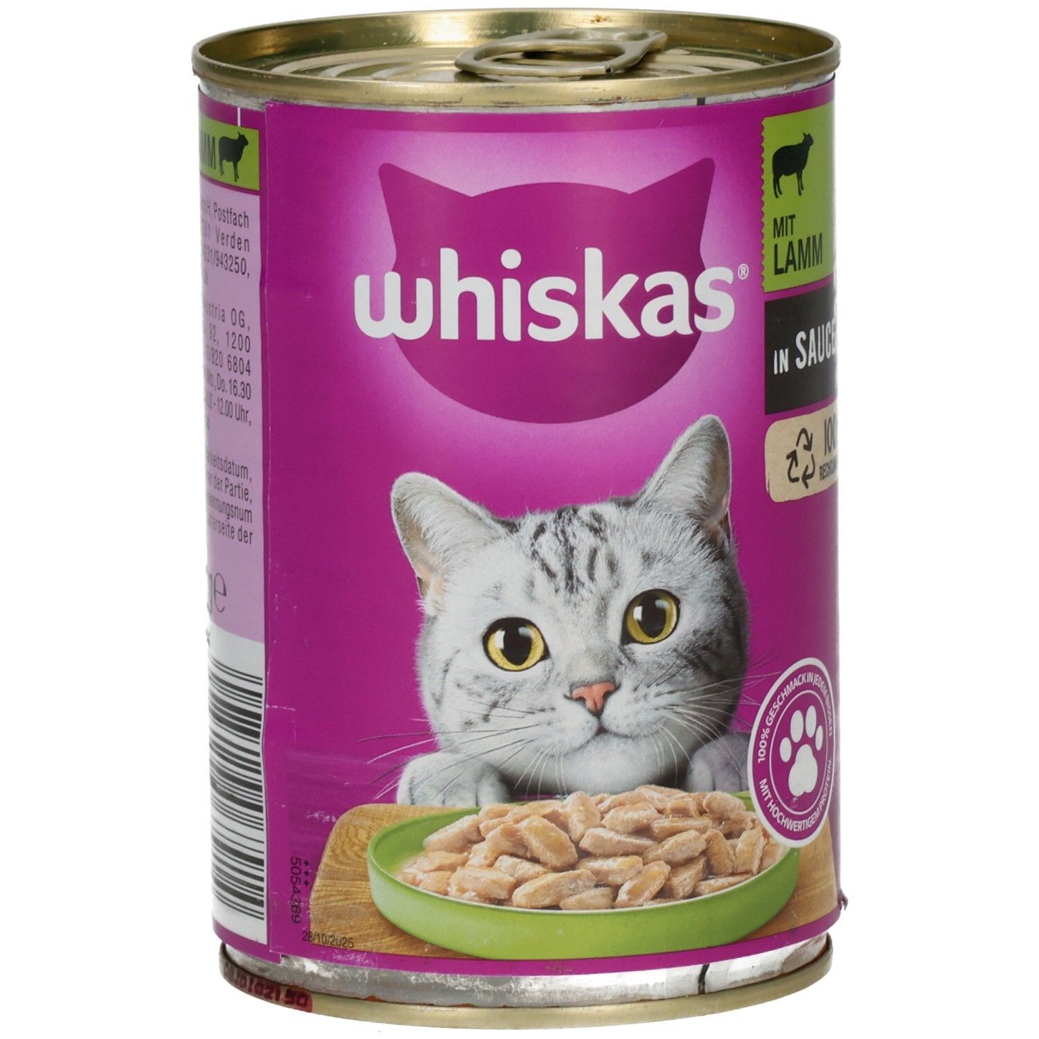 Rückseite einer Whiskas Katzennahrung-Dose mit Lamm, 400g, mit Fütterungsempfehlungen.