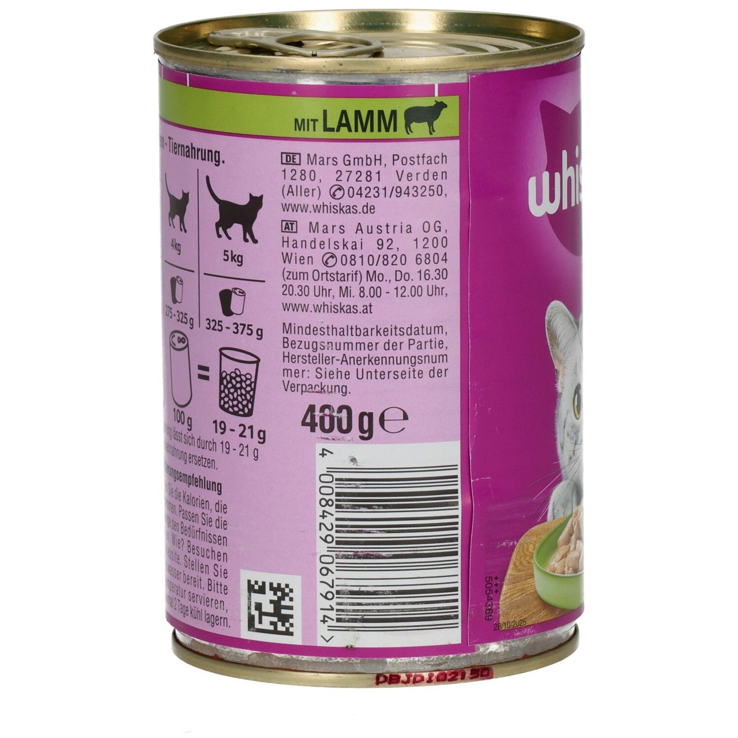 Seitenansicht einer Whiskas Katzennahrung-Dose mit Lamm, 400g, mit Nährwertangaben.