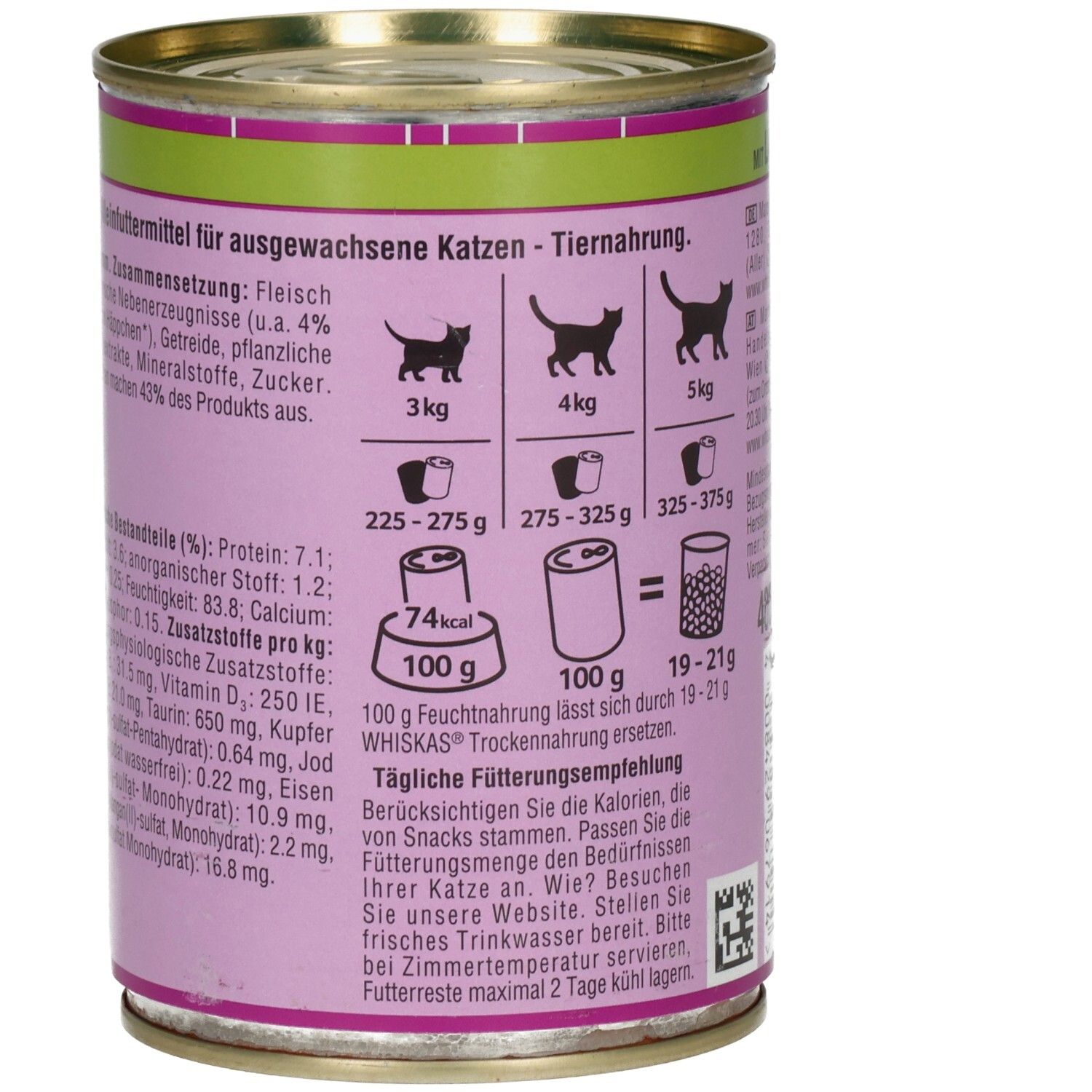 Rückseite einer Whiskas Katzennahrung-Dose mit Lamm, 400g, mit detaillierten Inhaltsstoffen.