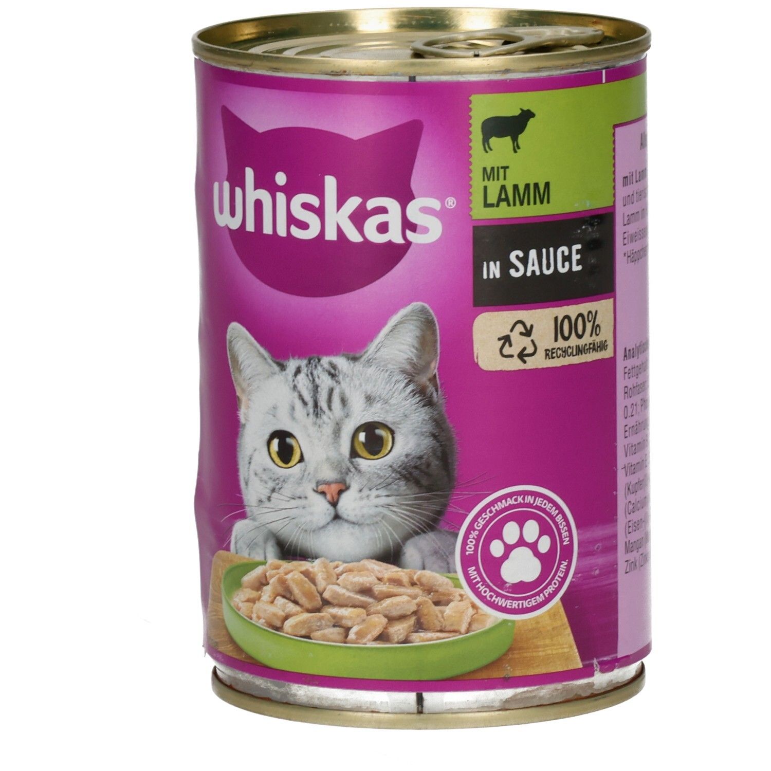 Whiskas Katzennahrung in Sauce mit Lamm, 400g Dose, Vorderseite mit Katze und Futter.