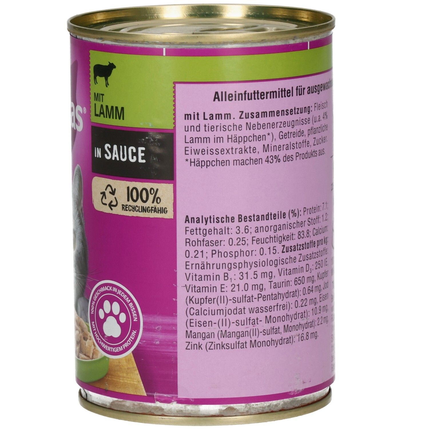 Vorderseite einer Whiskas Katzennahrung-Dose mit Lamm, 400g, mit Fokus auf das Produkt.