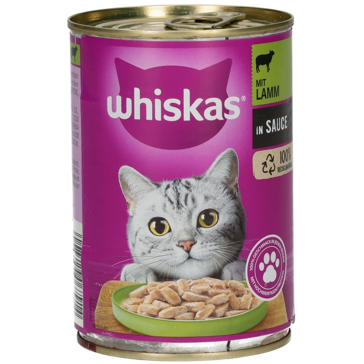 Whiskas Katzennahrung in Sauce mit Lamm, 400g Dose, mit Recycling-Symbol und Katzenmotiv.