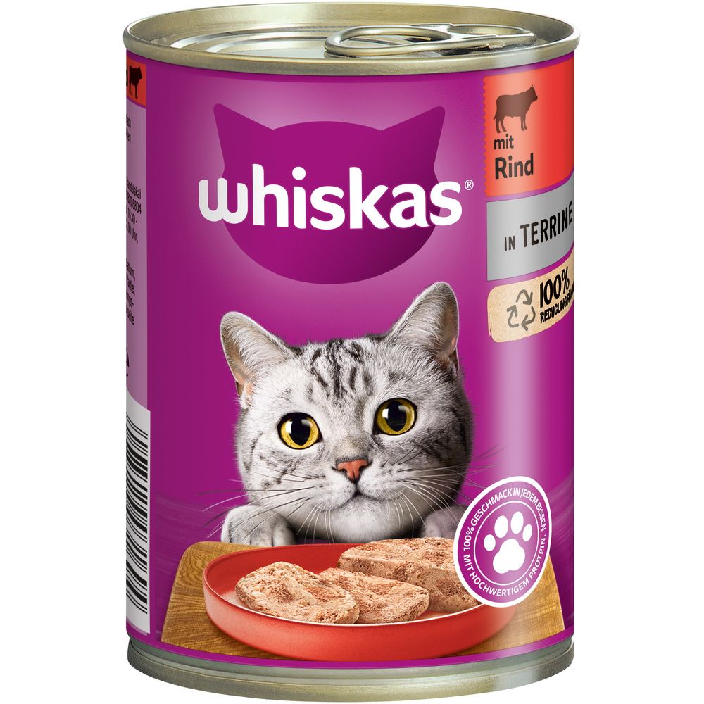 Whiskas Katzennahrung in Rindfleisch-Terrine, 400g Dose mit Katzenmotiv.