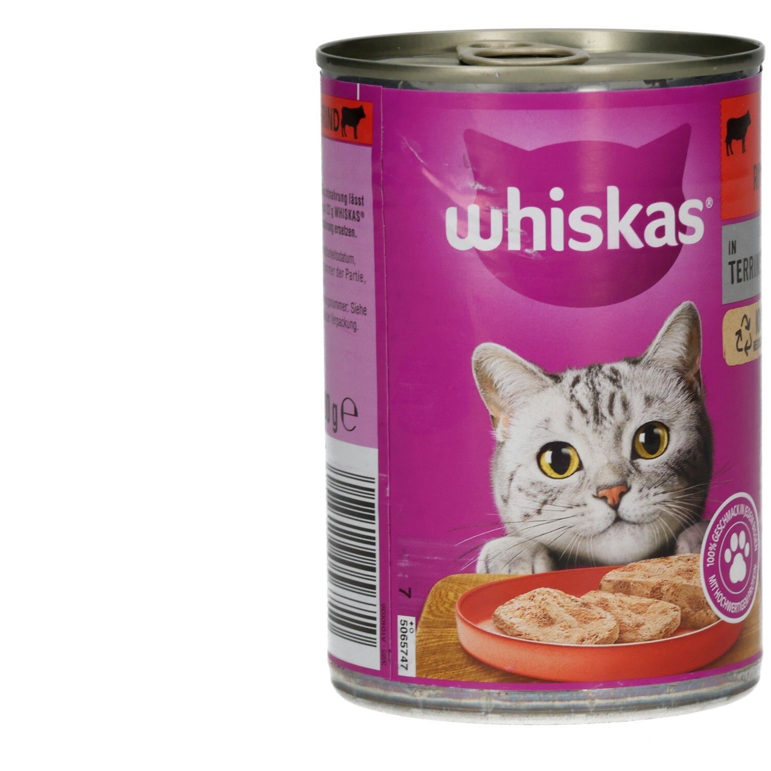 Whiskas Katzennahrung in Rindfleisch-Terrine, 400g Dose mit Katzenmotiv.