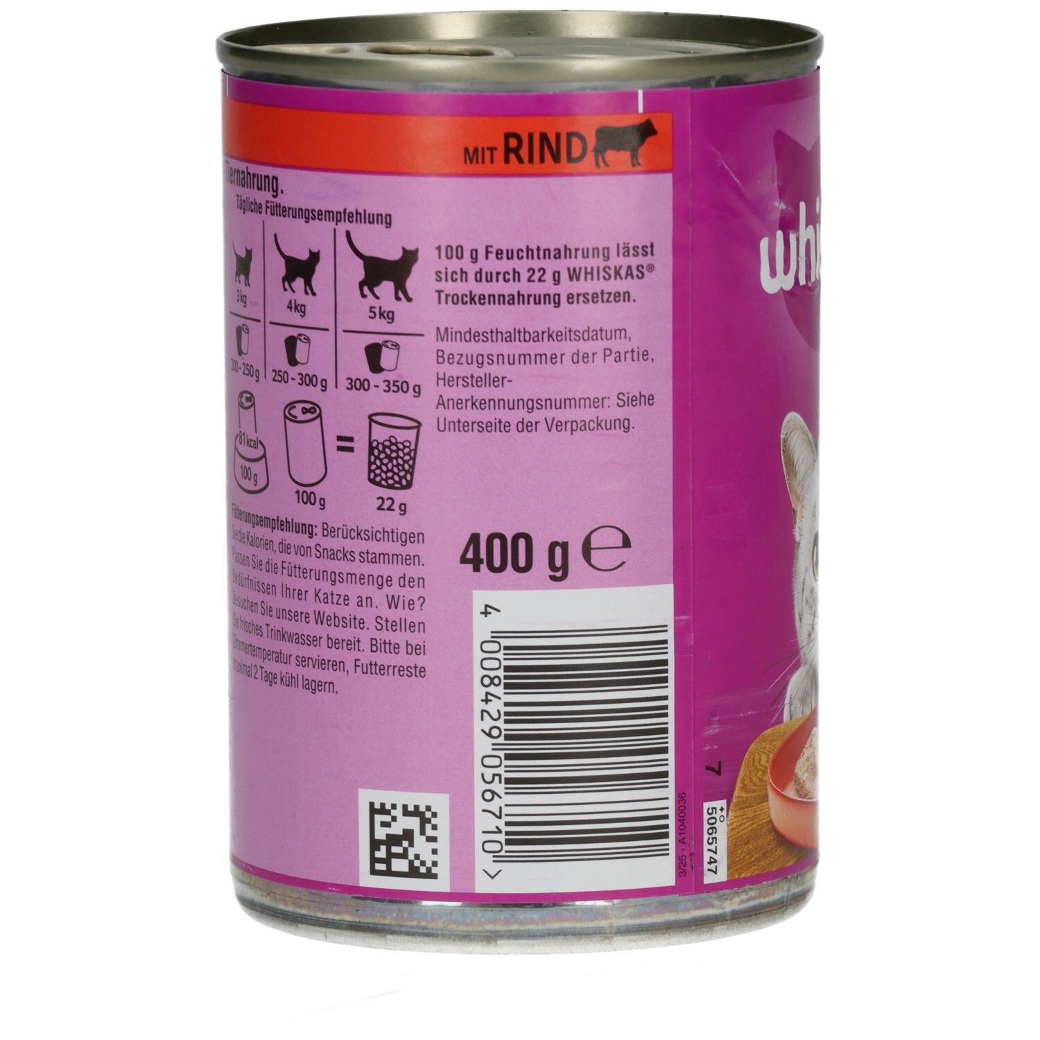 Rückseite einer 400g Whiskas Katzennahrung-Dose mit Rindfleisch-Terrine, Fütterungsempfehlungen.