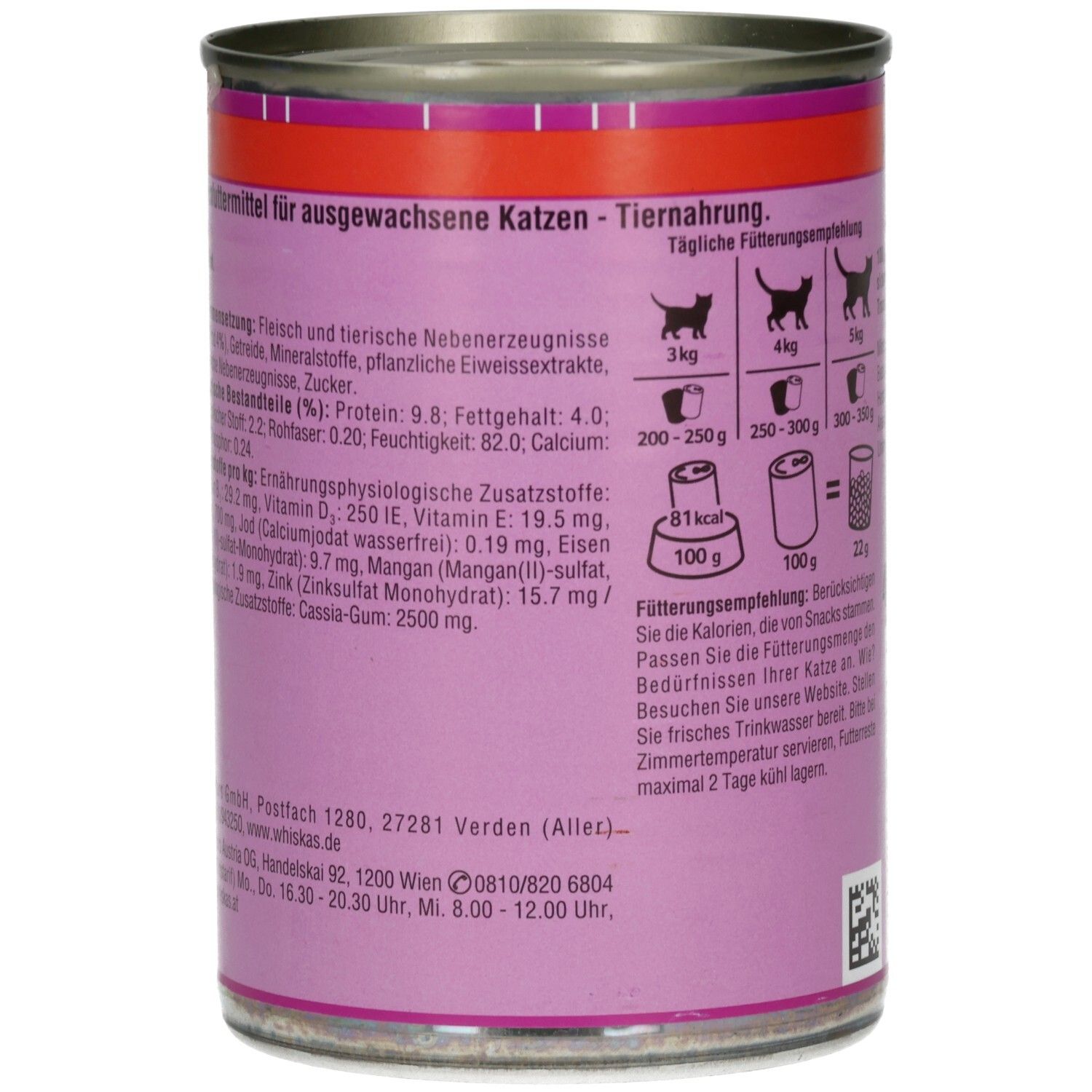 Rückseite einer 400g Whiskas Katzennahrung-Dose mit Rindfleisch-Terrine, Nährwertangaben.
