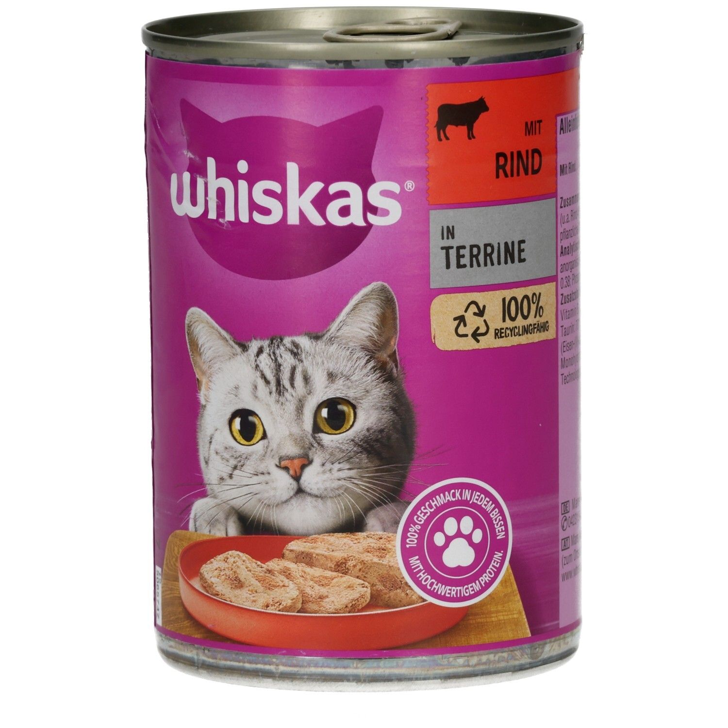 Whiskas Katzennahrung in Rindfleisch-Terrine, 400g Dose mit Katzenmotiv.