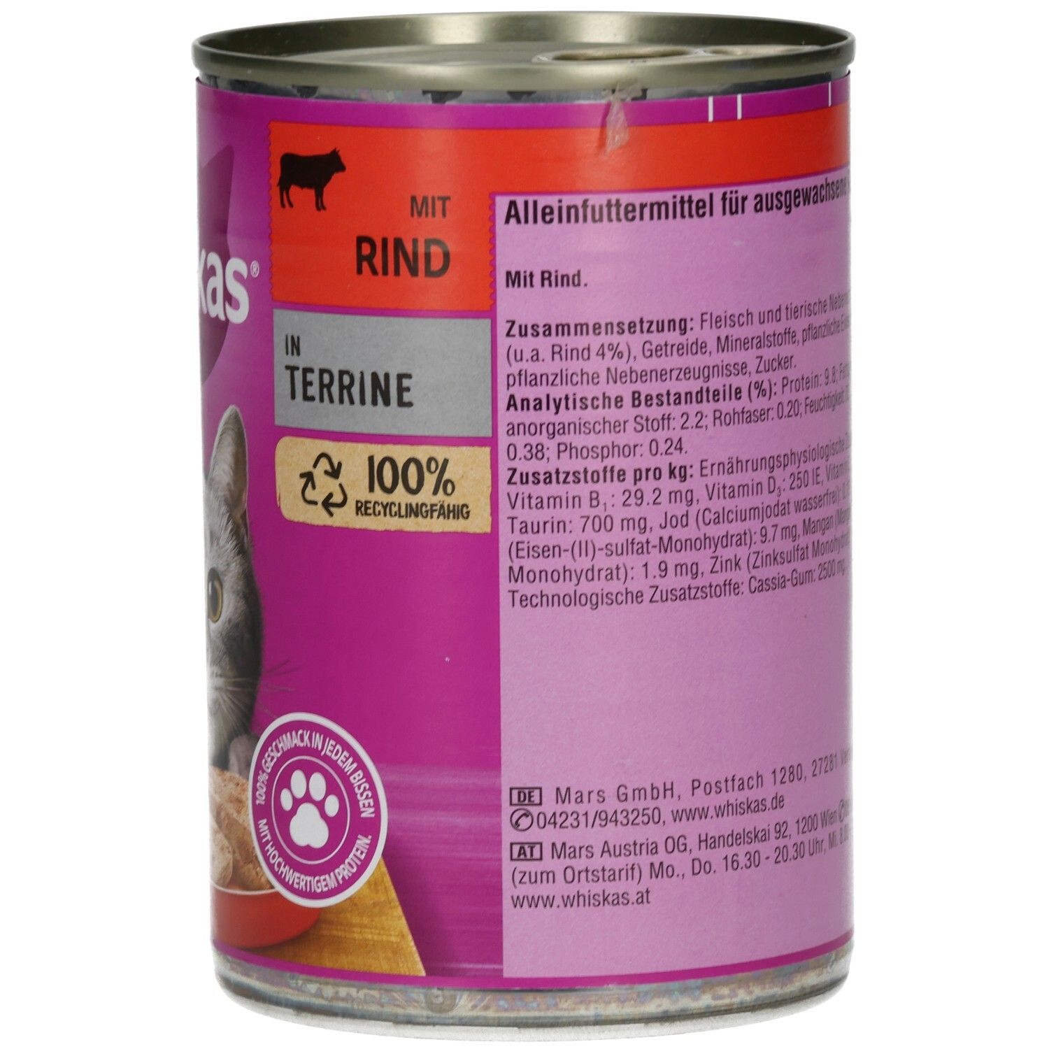 Seite einer 400g Whiskas Katzennahrung-Dose mit Rindfleisch-Terrine, Zutatenliste.