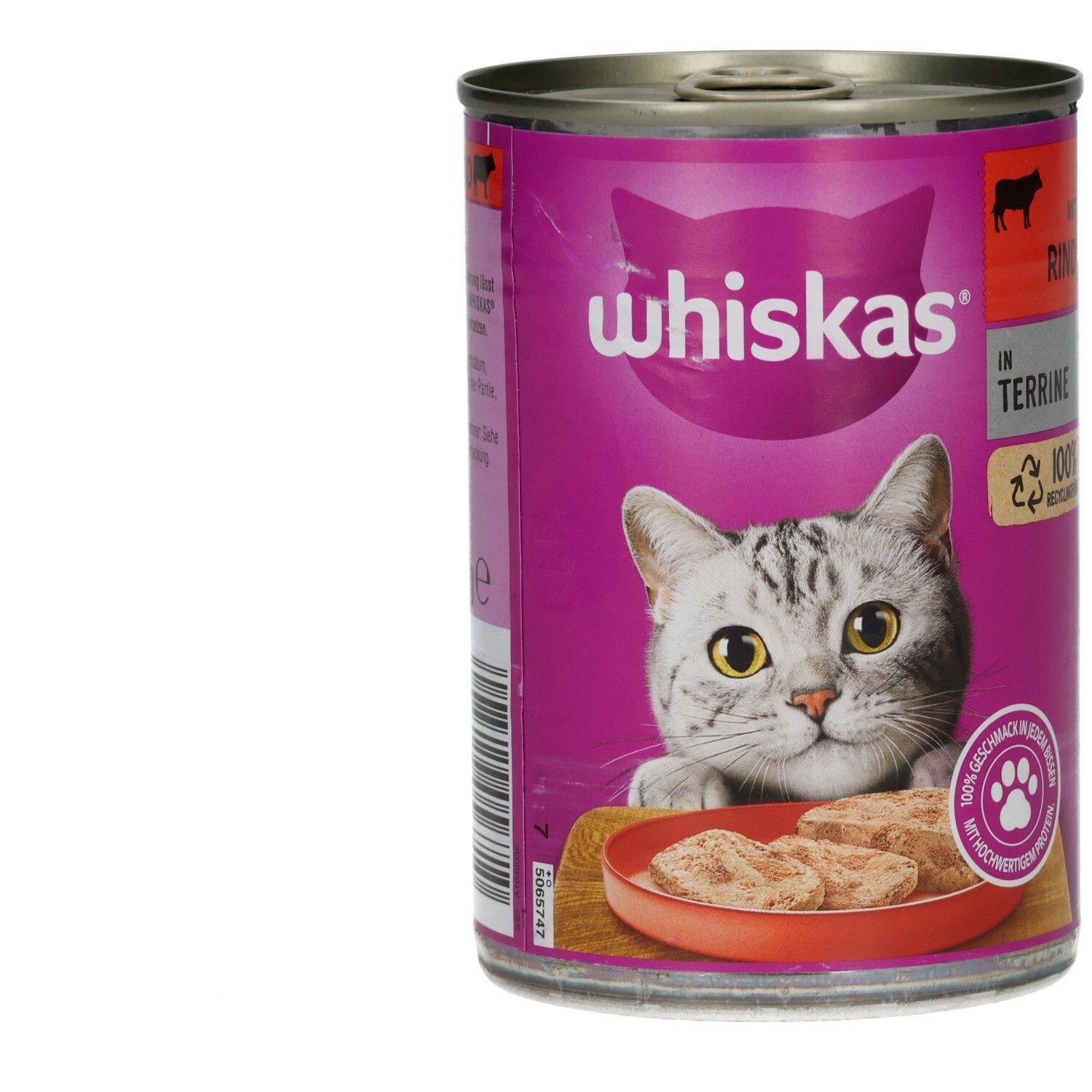 Whiskas Katzennahrung in Rindfleisch-Terrine, 400g Dose mit Katzenmotiv.