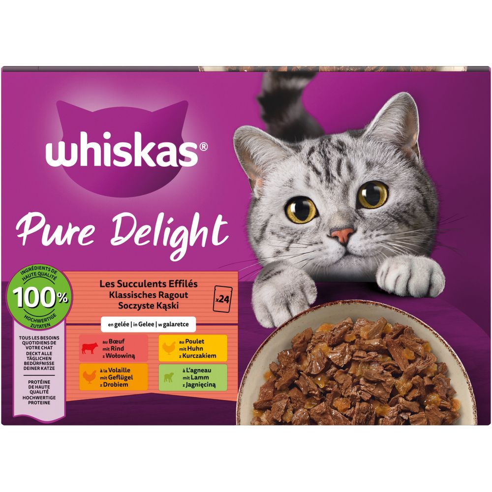 Whiskas Pure Delight Katzenfutter-Box mit Ragout in Gelee und einem neugierigen Kater.