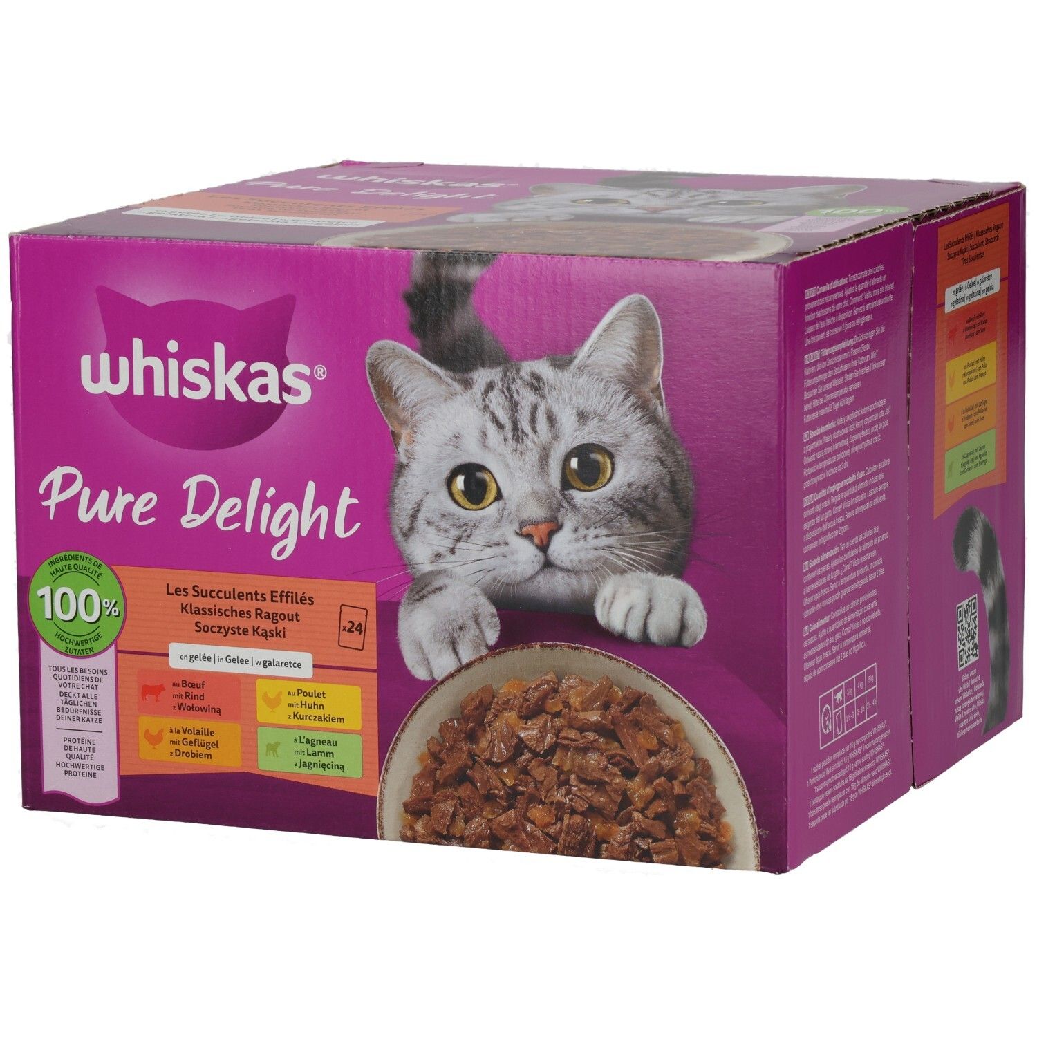 Whiskas Pure Delight Katzenfutter-Box, von der Seite, mit Ragout in Gelee und einem Kater.