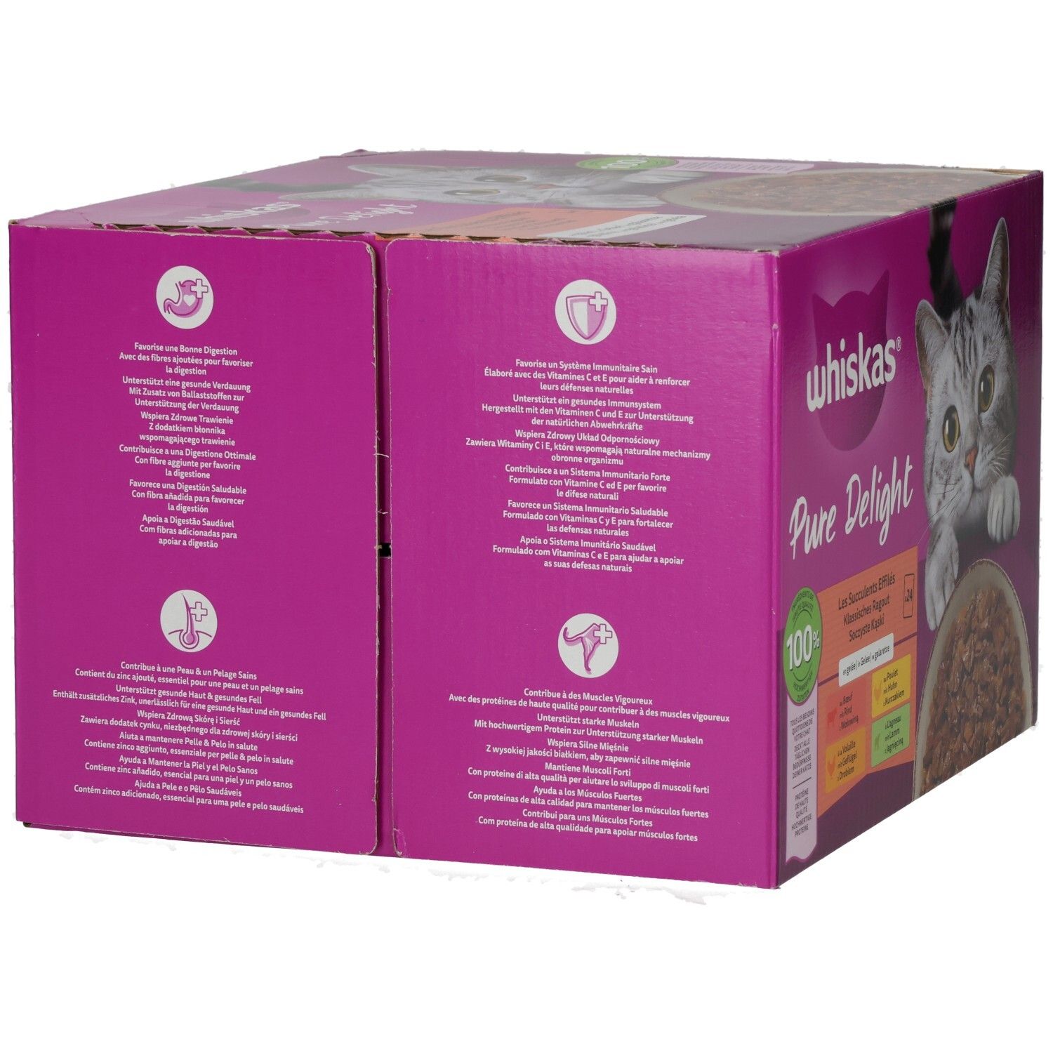 Rückseite der Whiskas Pure Delight Katzenfutter-Box mit detaillierten Informationen.