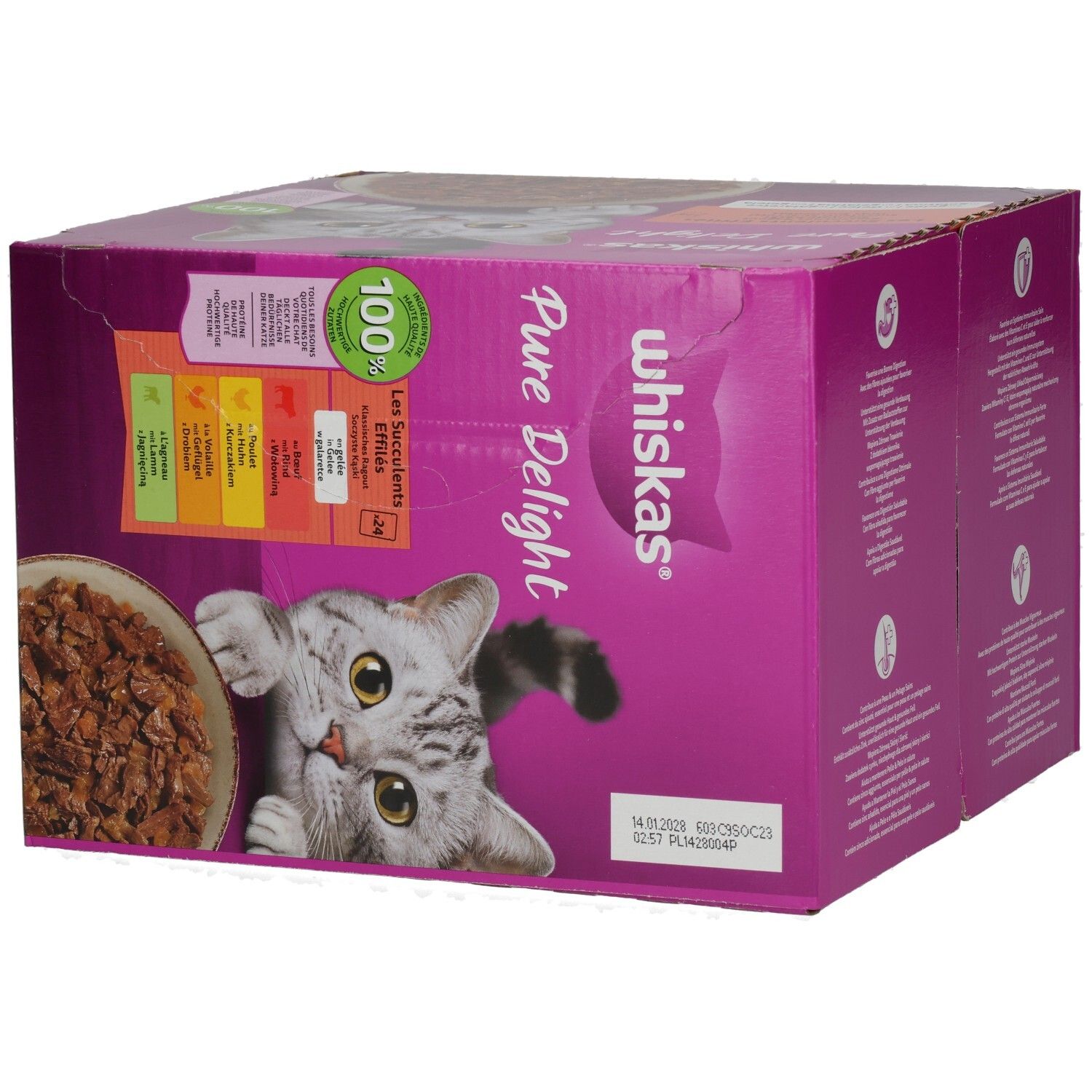 Whiskas Pure Delight Katzenfutter-Box, schräg von vorne, mit Ragout in Gelee und einem Kater.