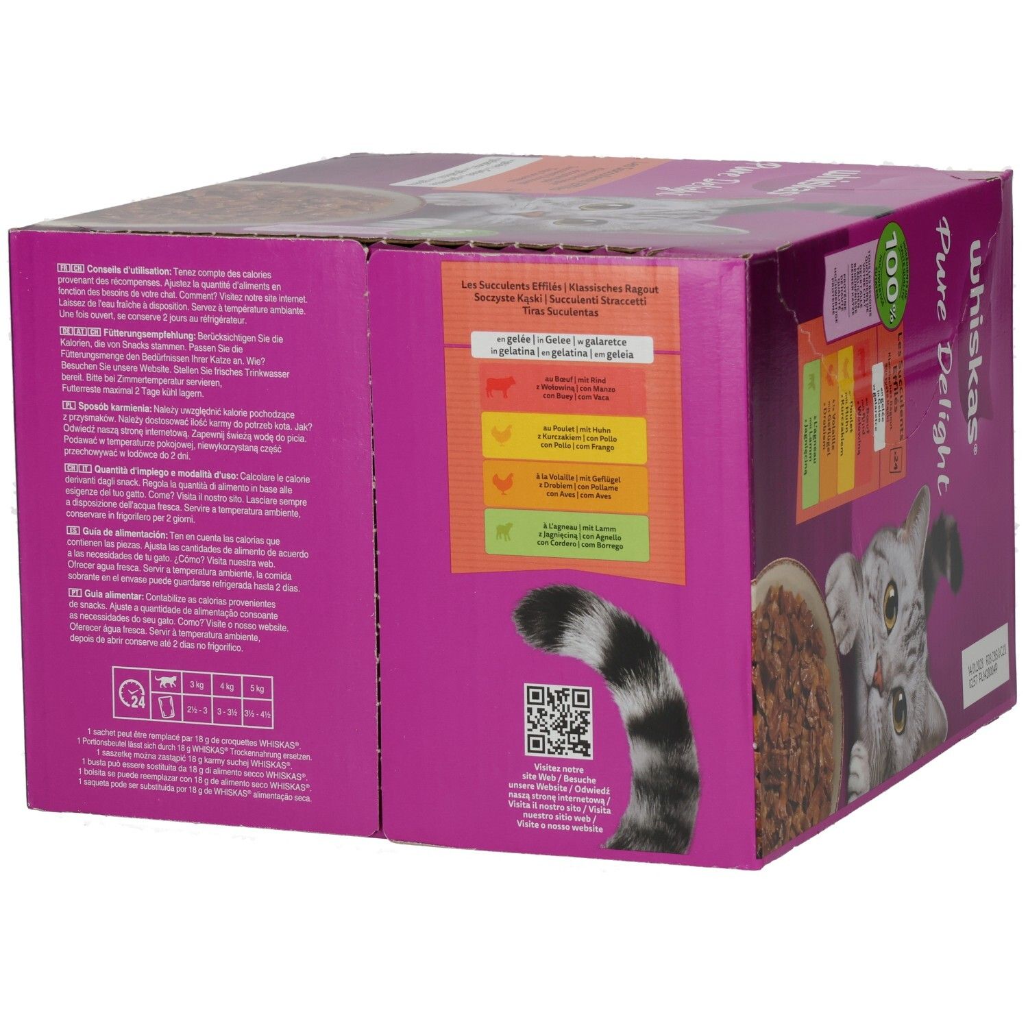 Seitenansicht der Whiskas Pure Delight Katzenfutter-Box mit Informationen und einem Kater.