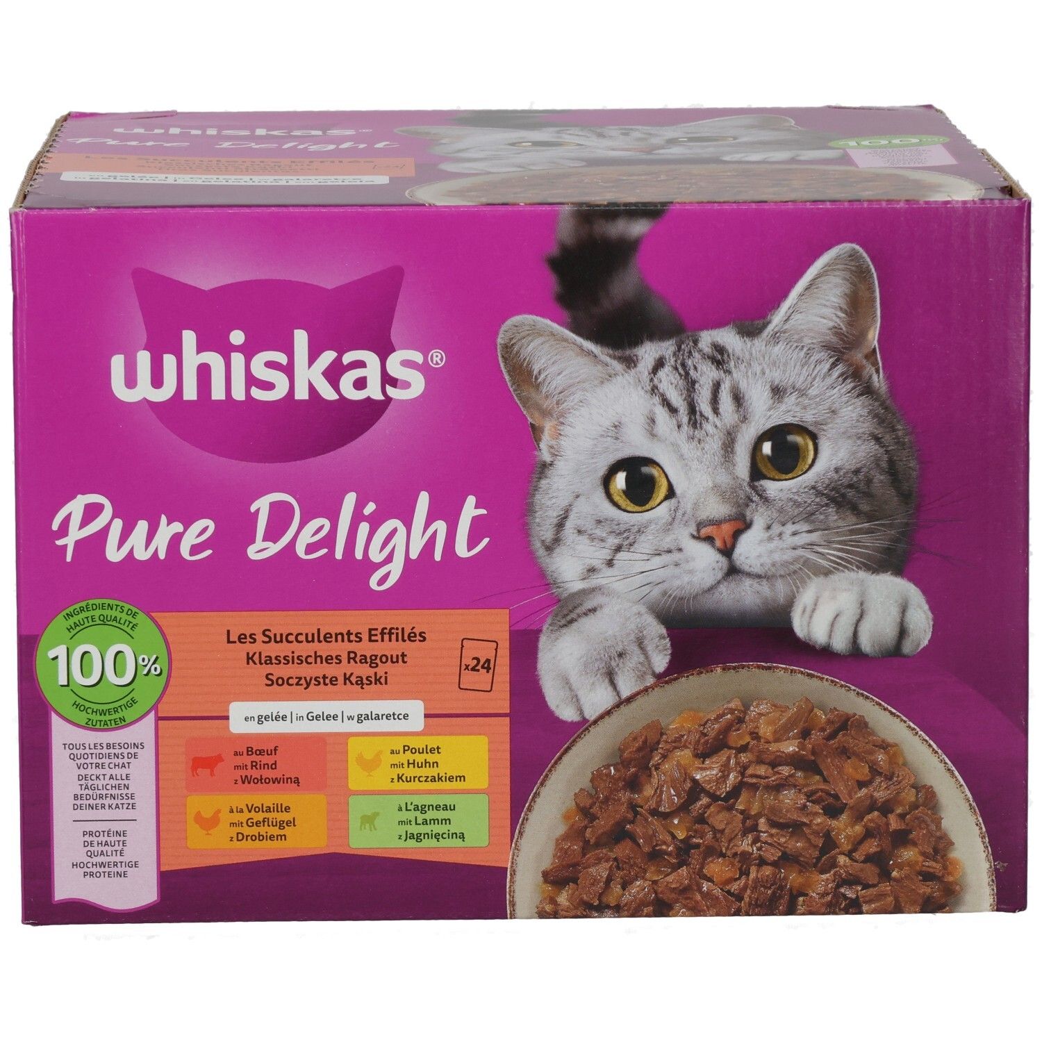 Whiskas Pure Delight Katzenfutter-Box, von der Seite, mit Ragout in Gelee und einem Kater.