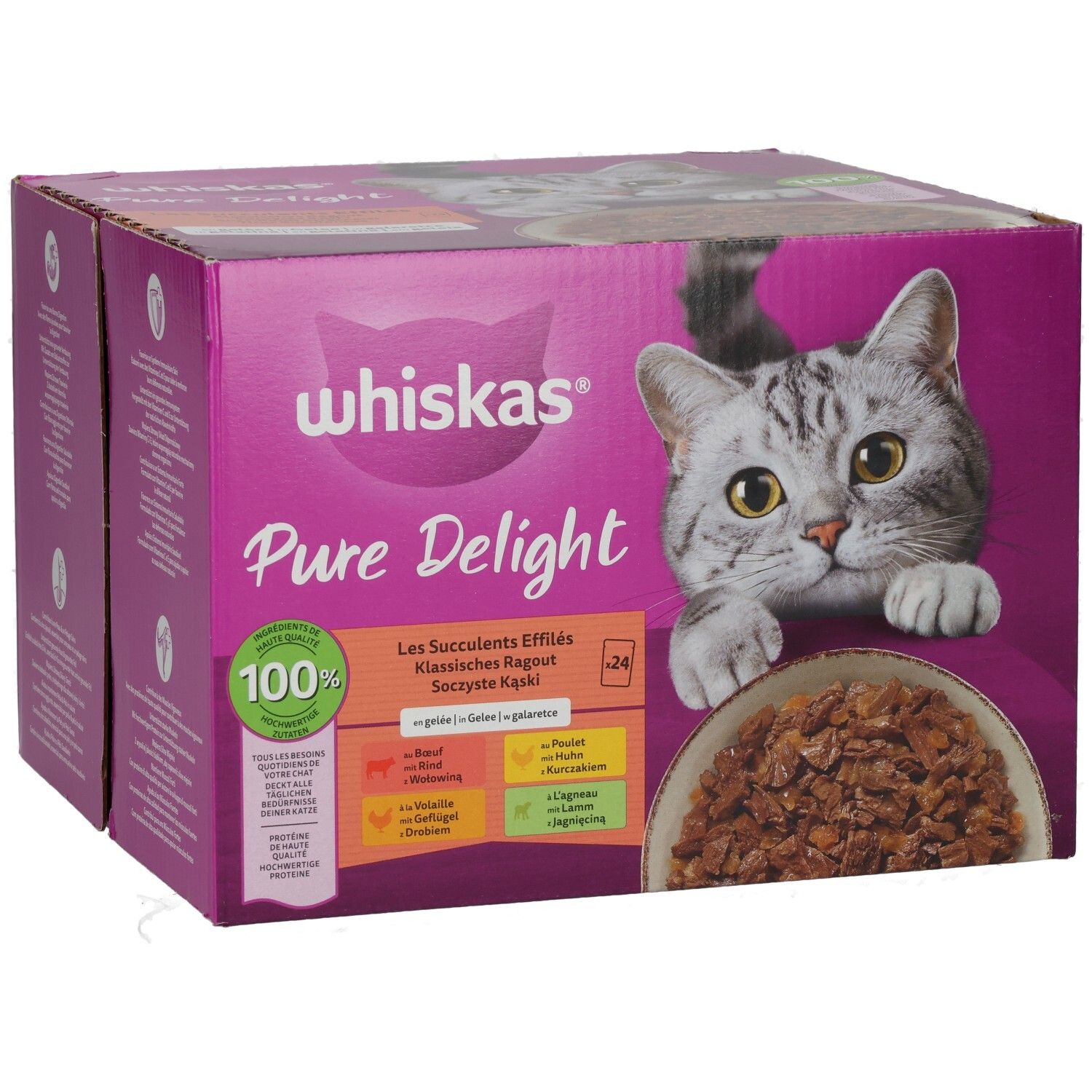 Whiskas Pure Delight Katzenfutter-Box, schräg von vorne, mit Ragout in Gelee und einem Kater.