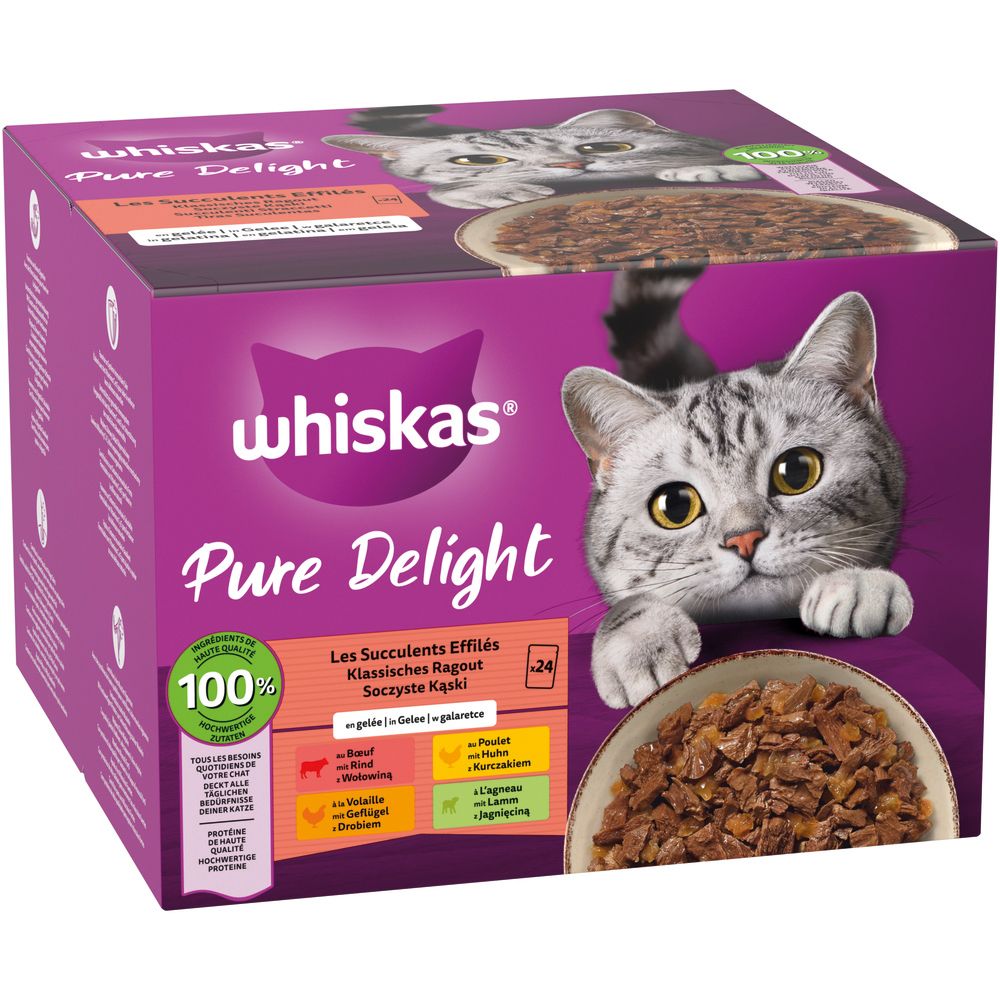 Whiskas Pure Delight Katzenfutter-Box, schräg von vorne, mit Ragout in Gelee und einem Kater.
