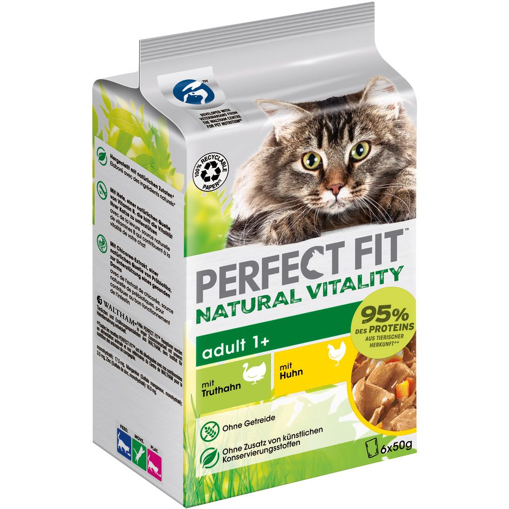 Perfect Fit Natural Vitality Adult 1+ Katzennahrung mit Huhn und Truthahn, 6x50g Beutel.