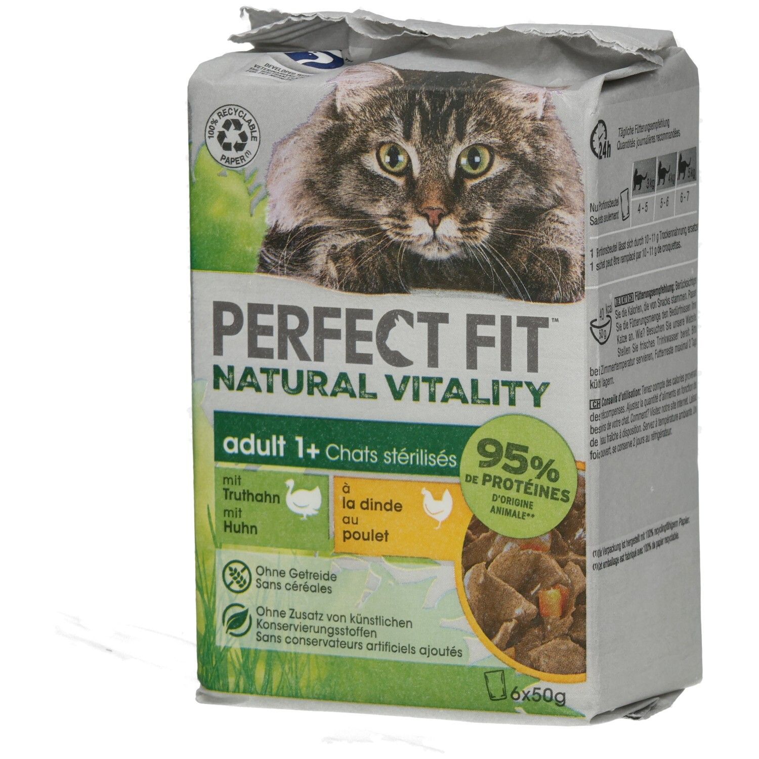 Perfect Fit Natural Vitality Adult 1+ Katzennahrung mit Huhn und Truthahn, 6x50g Beutel.