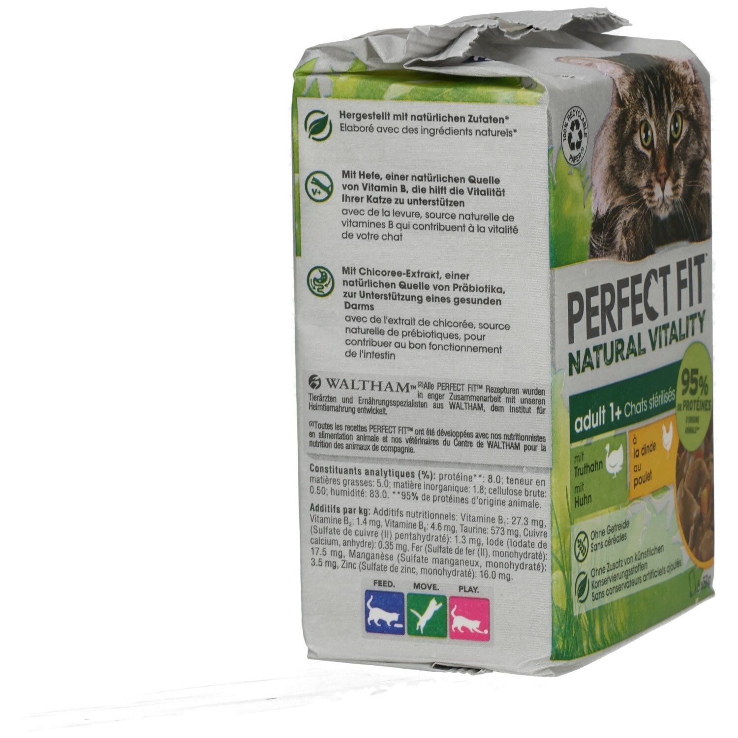Perfect Fit Natural Vitality Adult 1+ Katzennahrung mit Huhn und Truthahn, 6x50g Beutel.