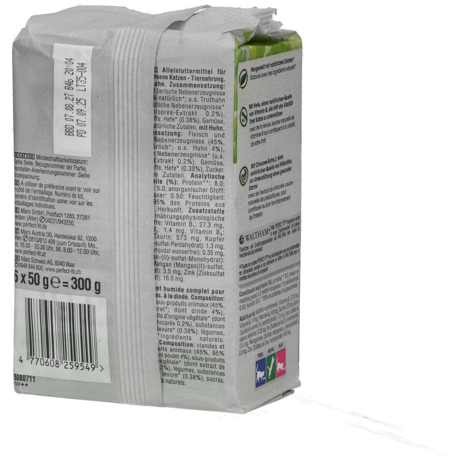 Perfect Fit Natural Vitality Adult 1+ Katzennahrung mit Huhn und Truthahn, 6x50g Beutel.
