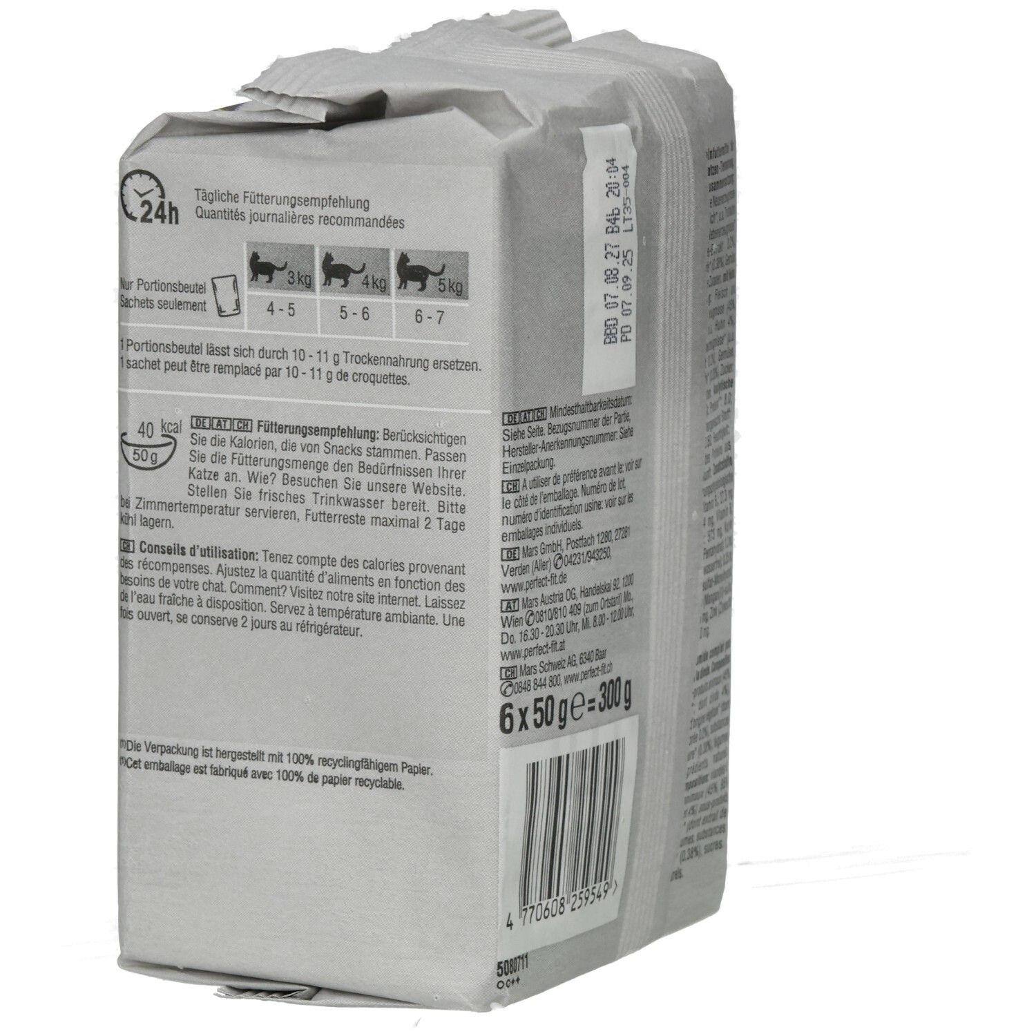 Perfect Fit Natural Vitality Adult 1+ Katzennahrung mit Huhn und Truthahn, 6x50g Beutel.